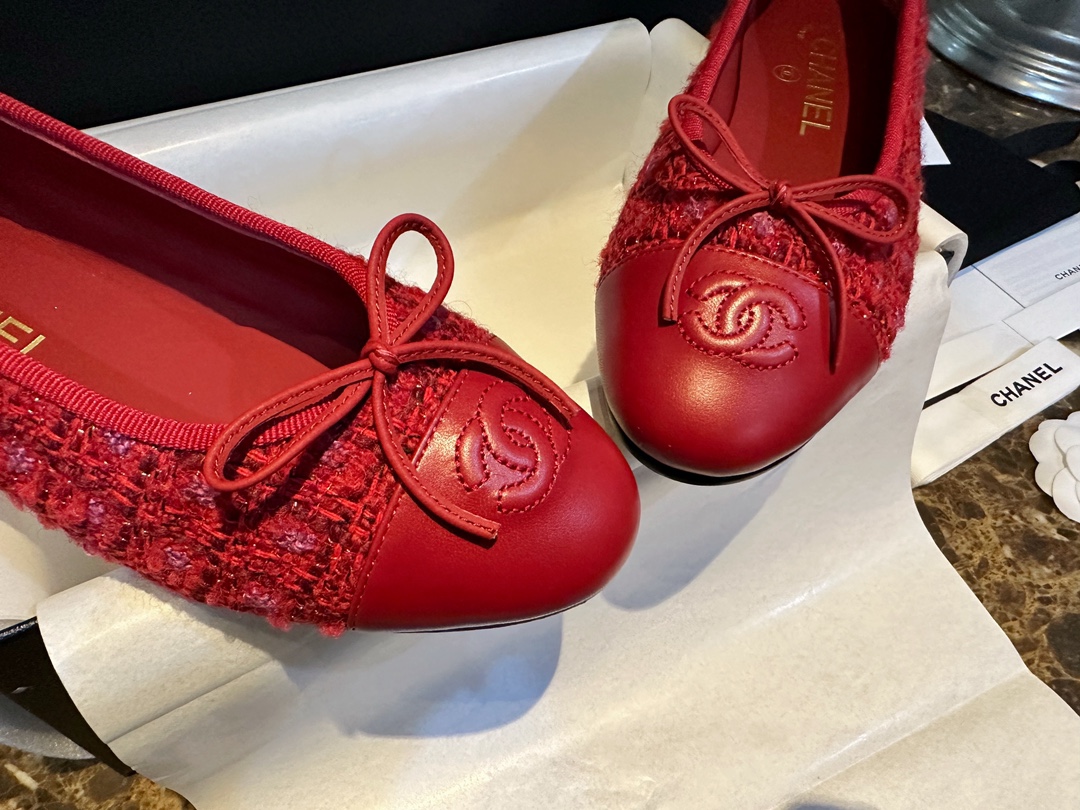 Chanel Red Leather and Wool Ballet Flats