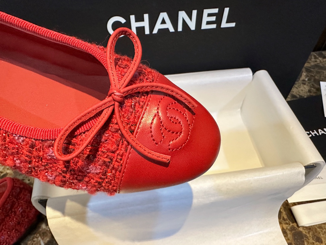 Chanel Red Leather and Wool Ballet Flats