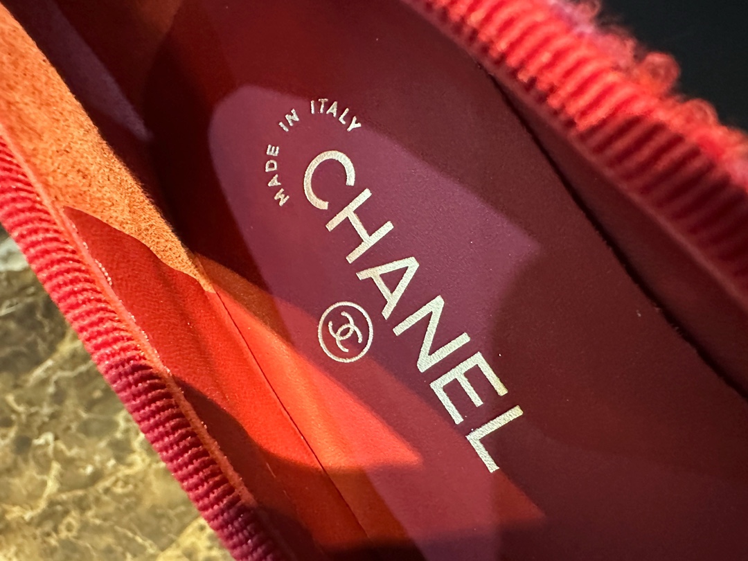 Chanel Red Leather and Wool Ballet Flats