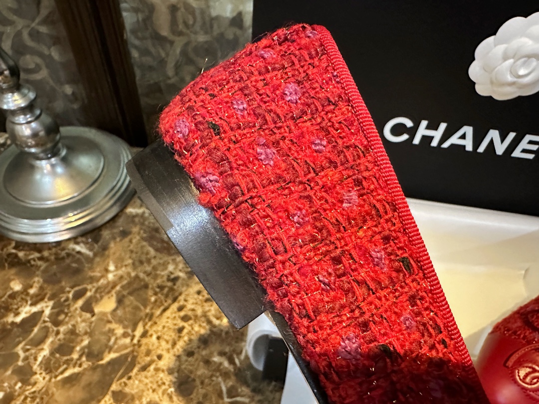 Chanel Red Leather and Wool Ballet Flats