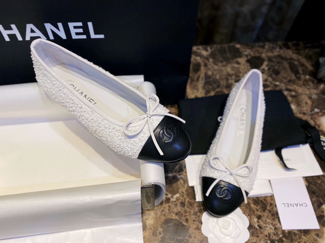 Chanel Snow White Wool and Black Leather Ballet Flats