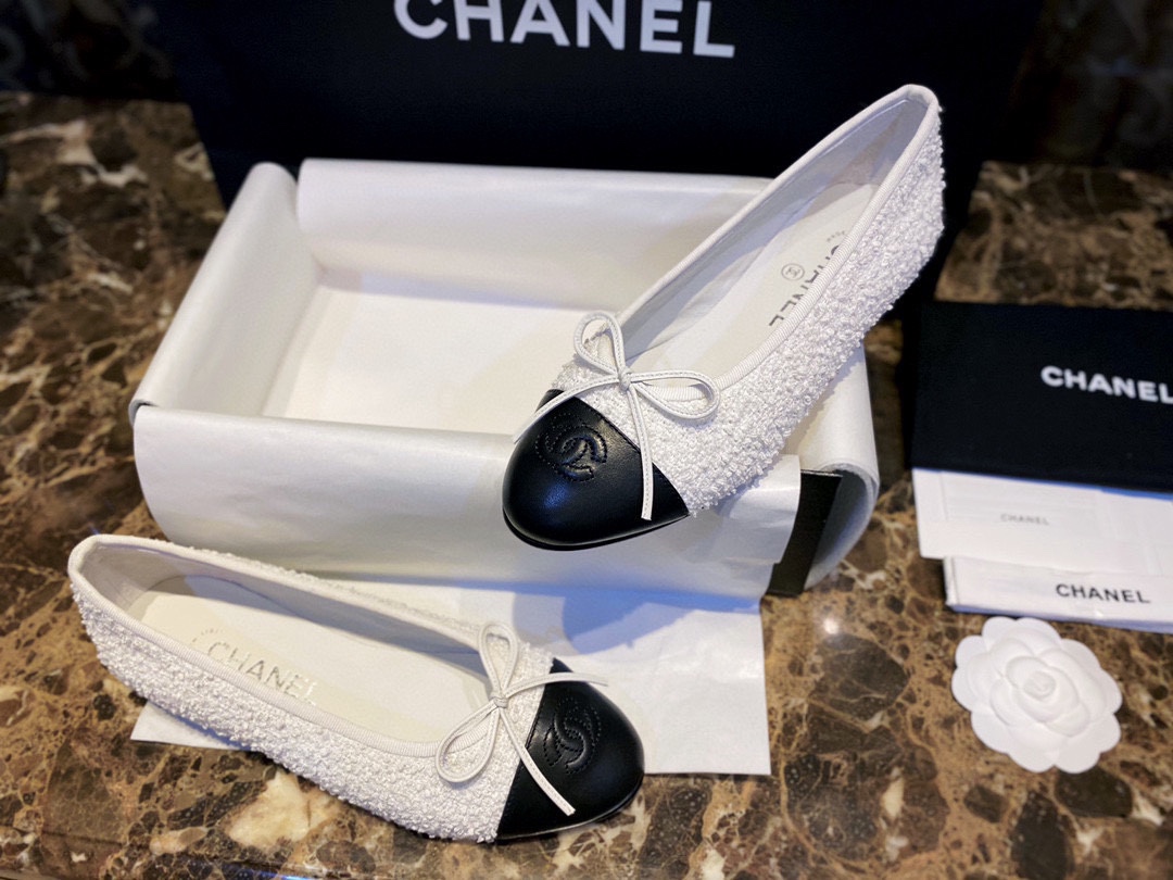 Chanel Snow White Wool and Black Leather Ballet Flats