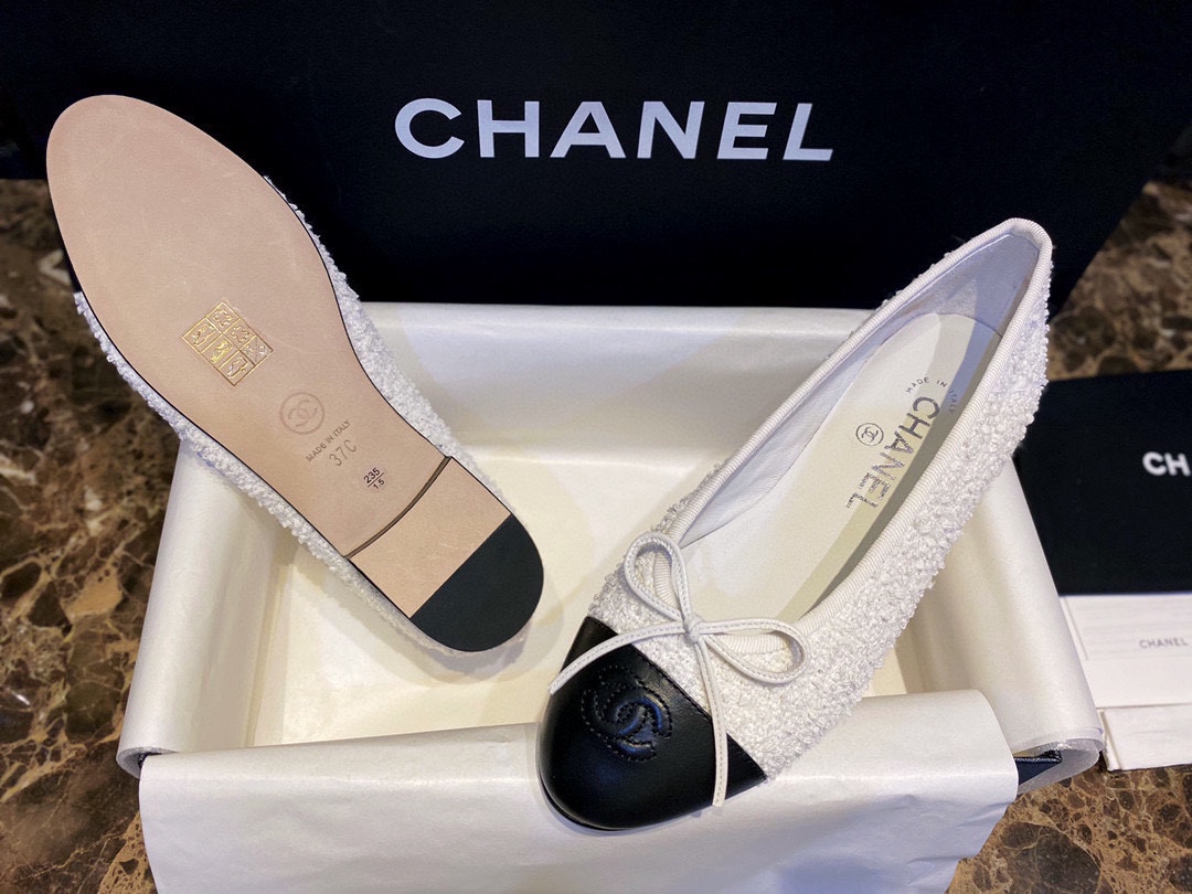 Chanel Snow White Wool and Black Leather Ballet Flats