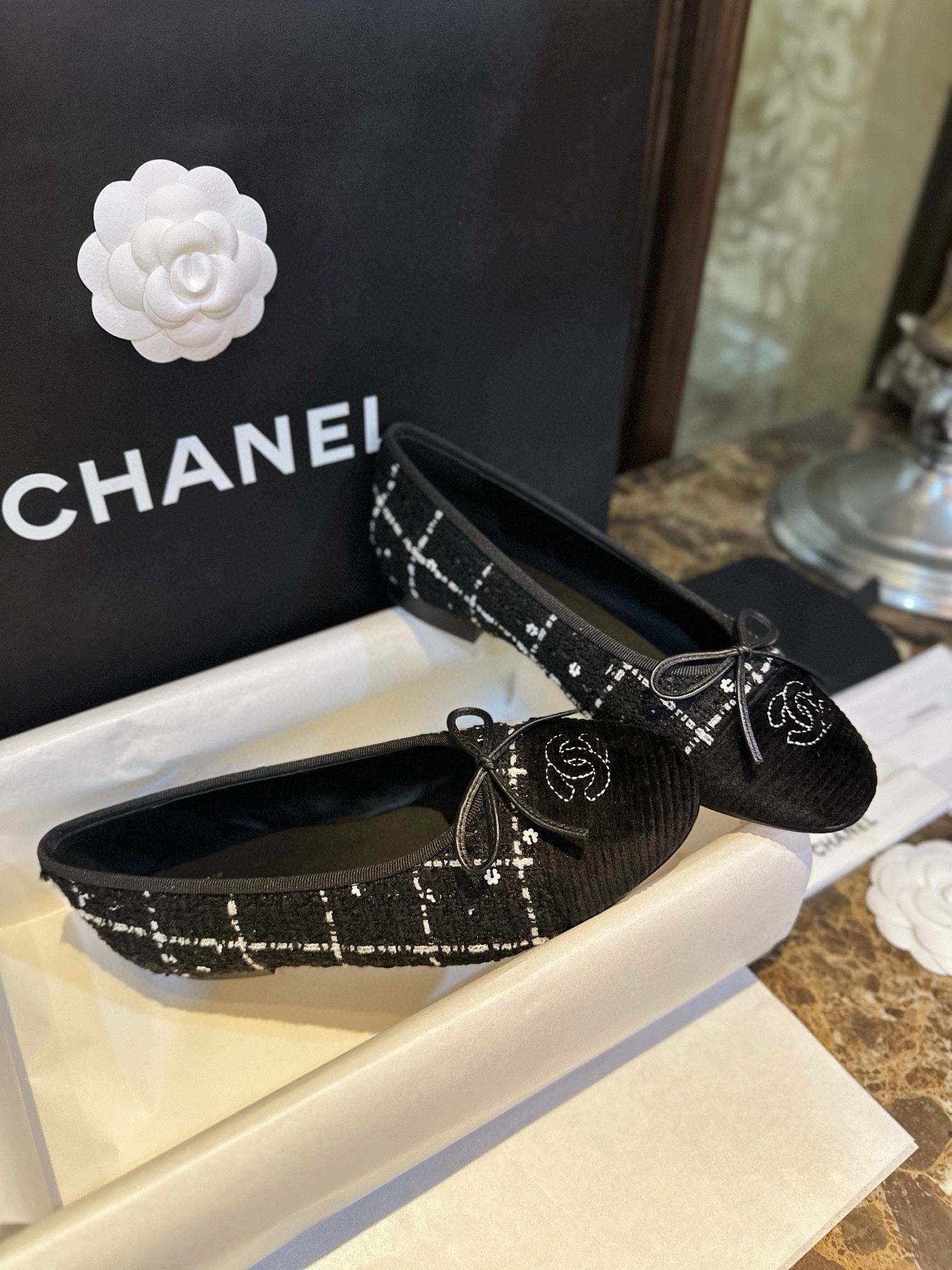 Chanel Camellia Wool Ballet Flats