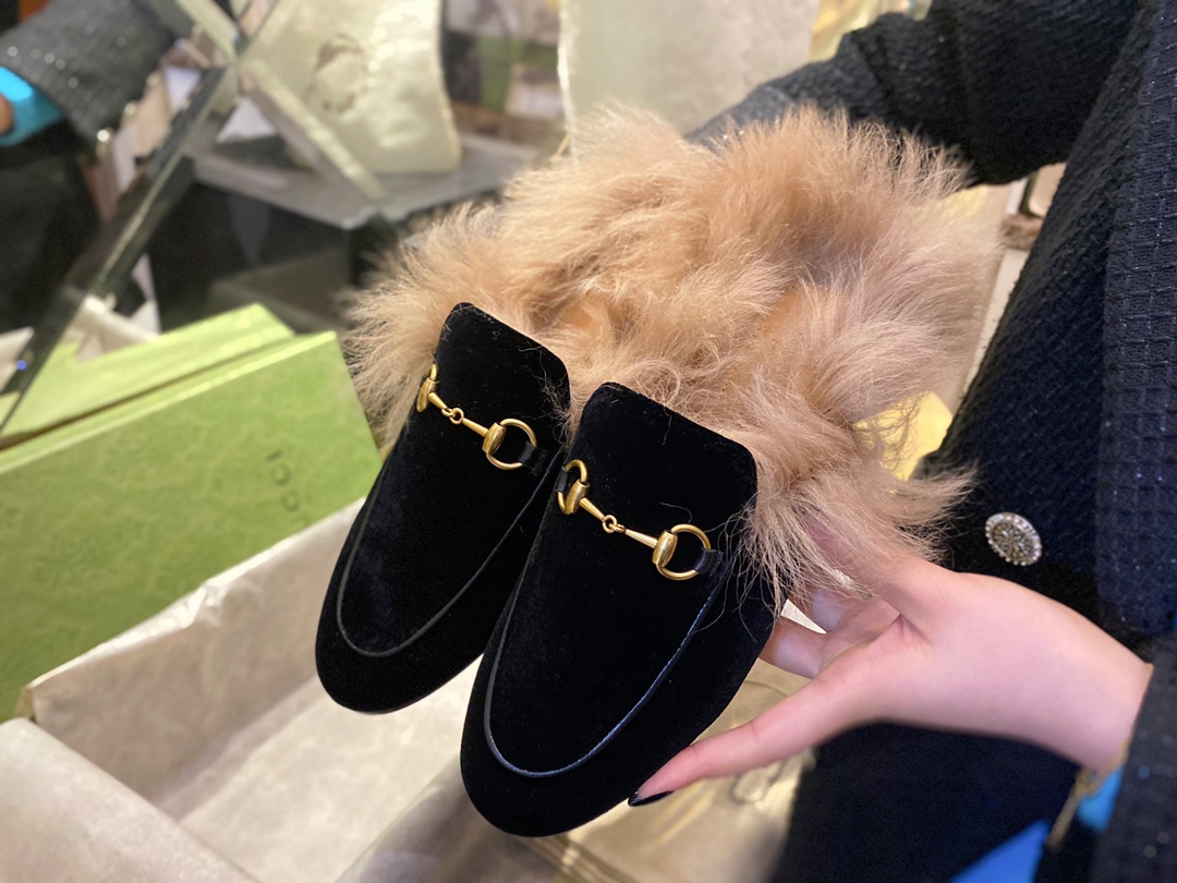 Velvet Horsebit Fur Slides