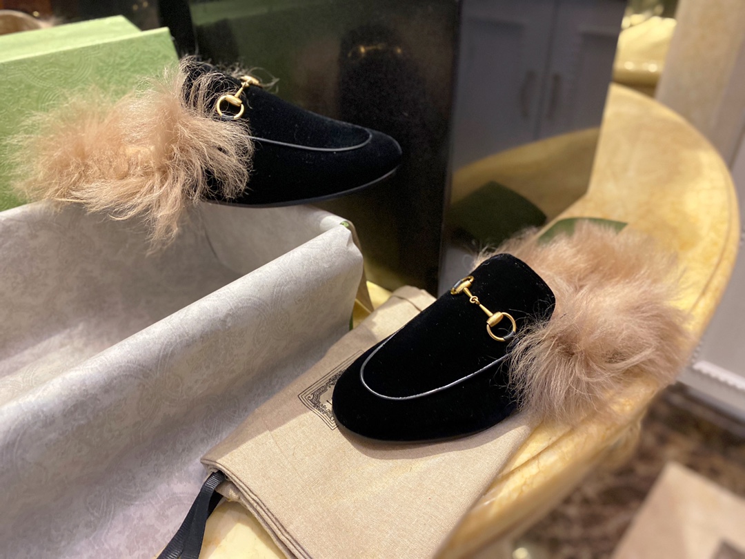 Velvet Horsebit Fur Slides