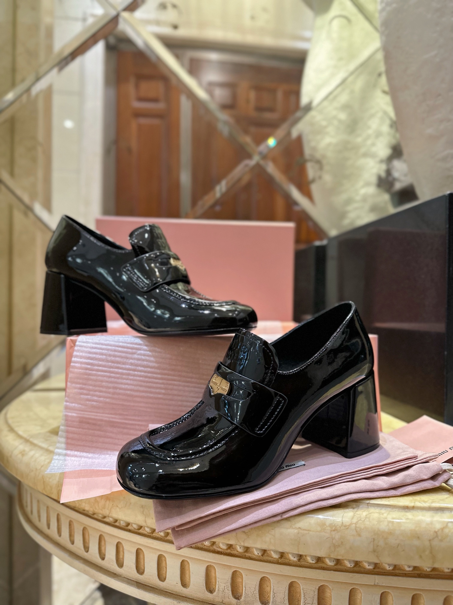 Patent Leather Coin High Heel Loafers