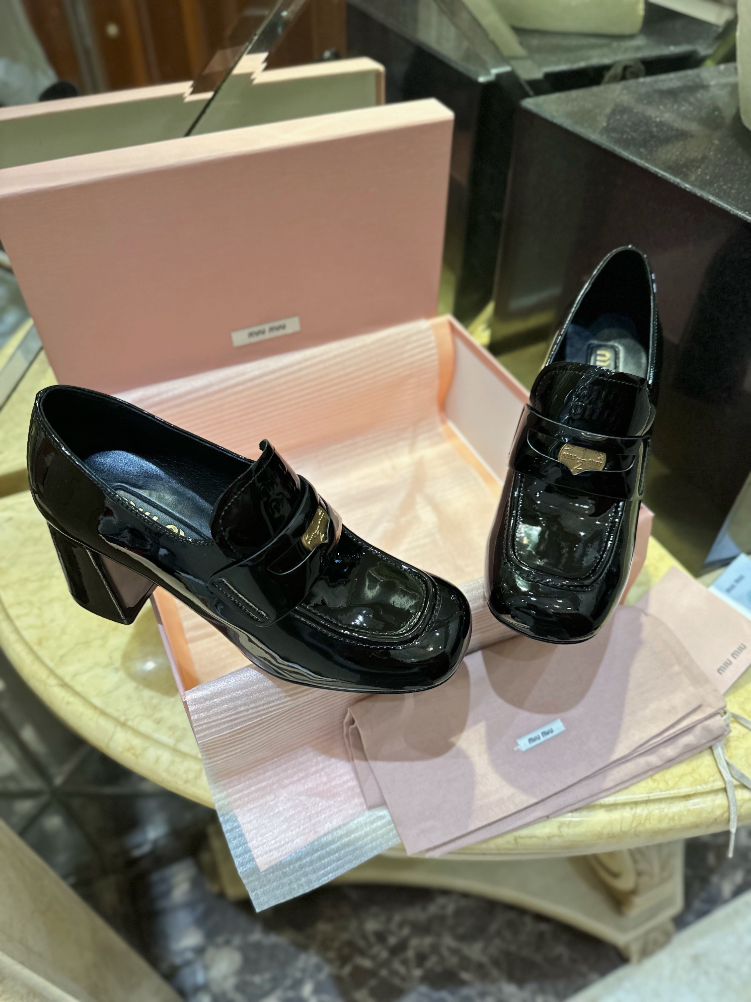 Patent Leather Coin High Heel Loafers