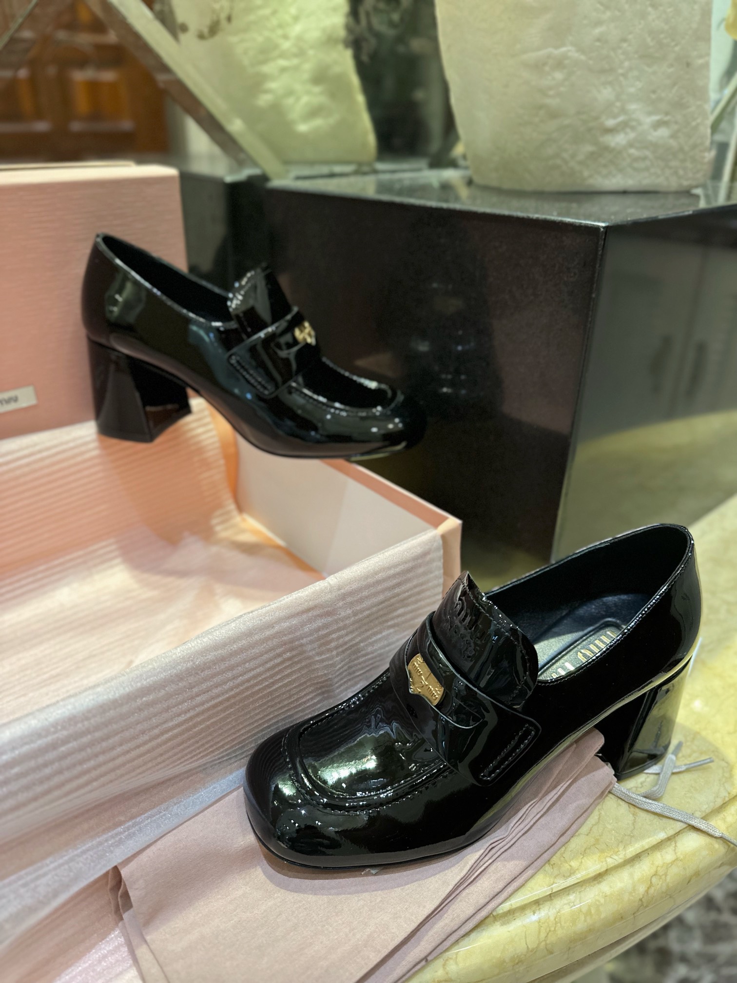 Patent Leather Coin High Heel Loafers