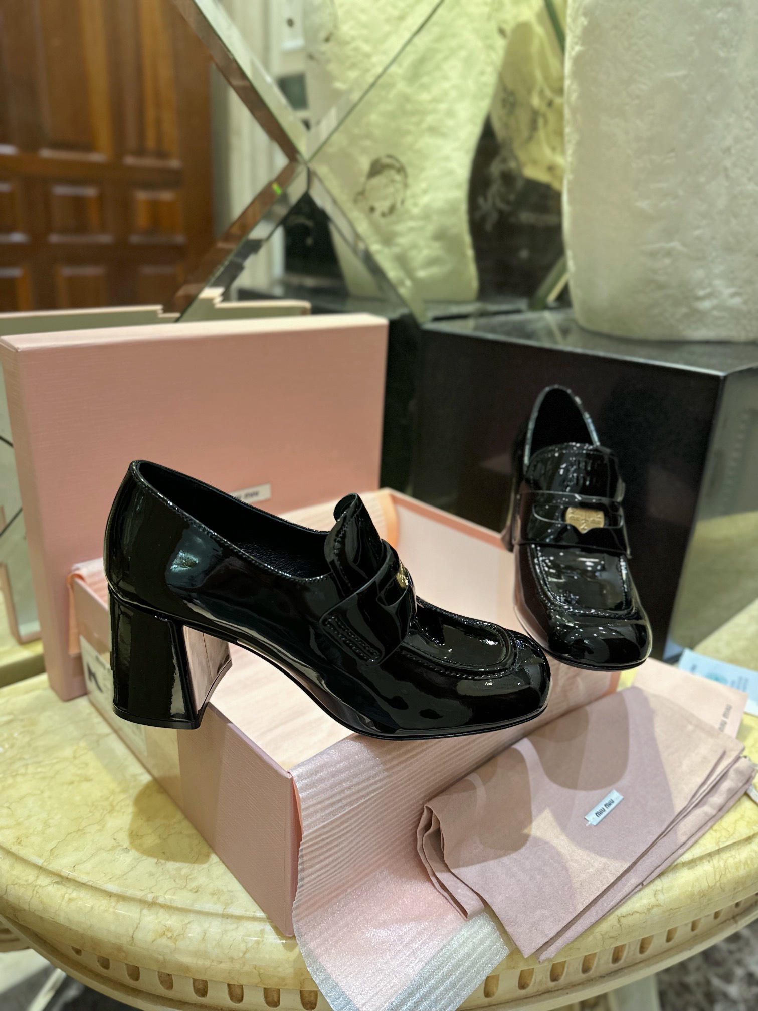 Patent Leather Coin High Heel Loafers