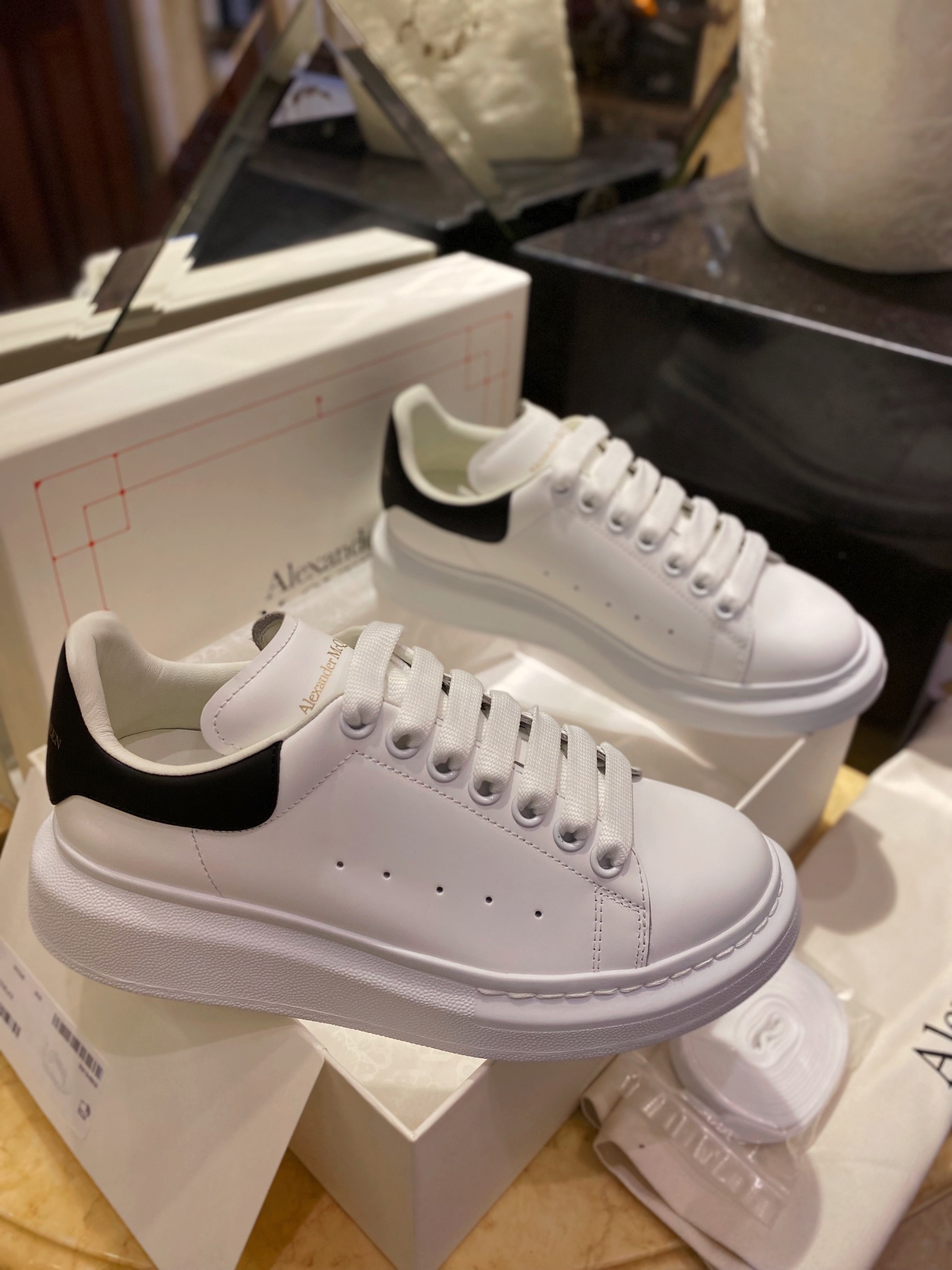 McQueen Black Leather Tail White Shoes