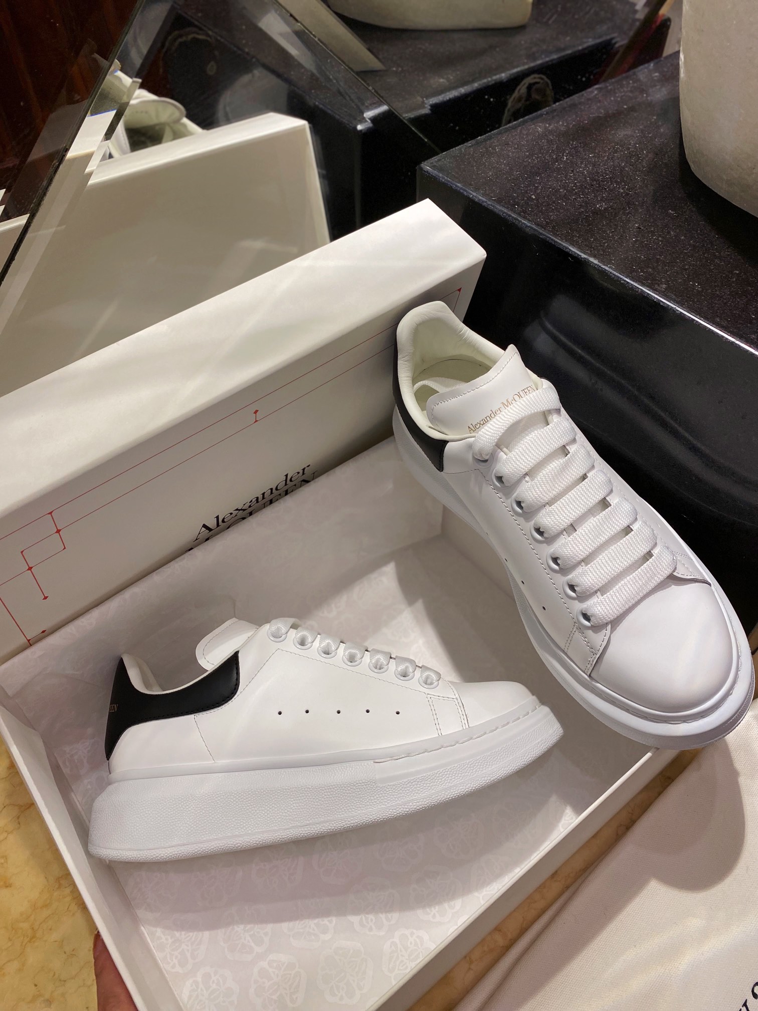 McQueen Black Leather Tail White Shoes