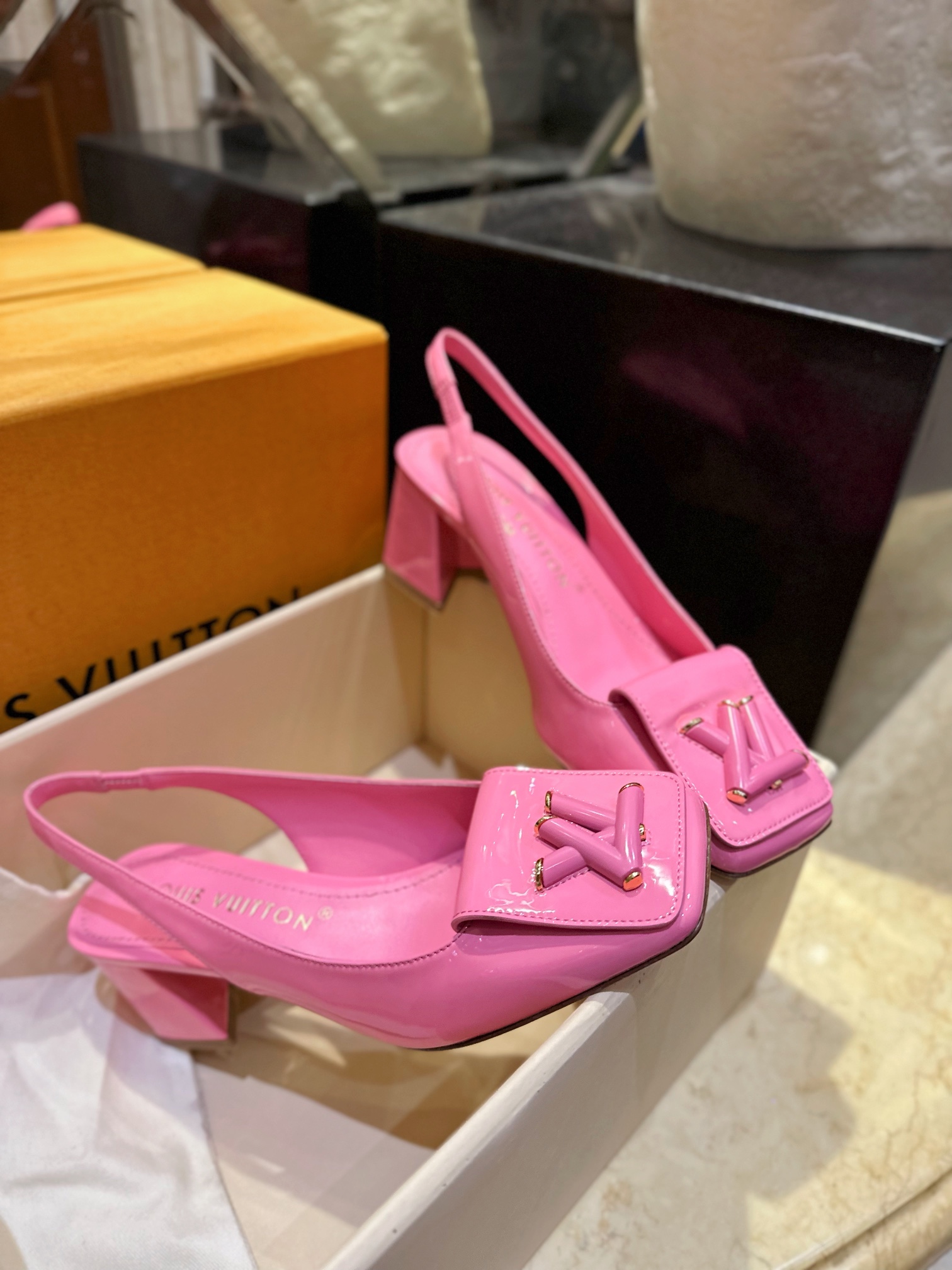 LV Square Toe Chunky Heel Loafer Sandals