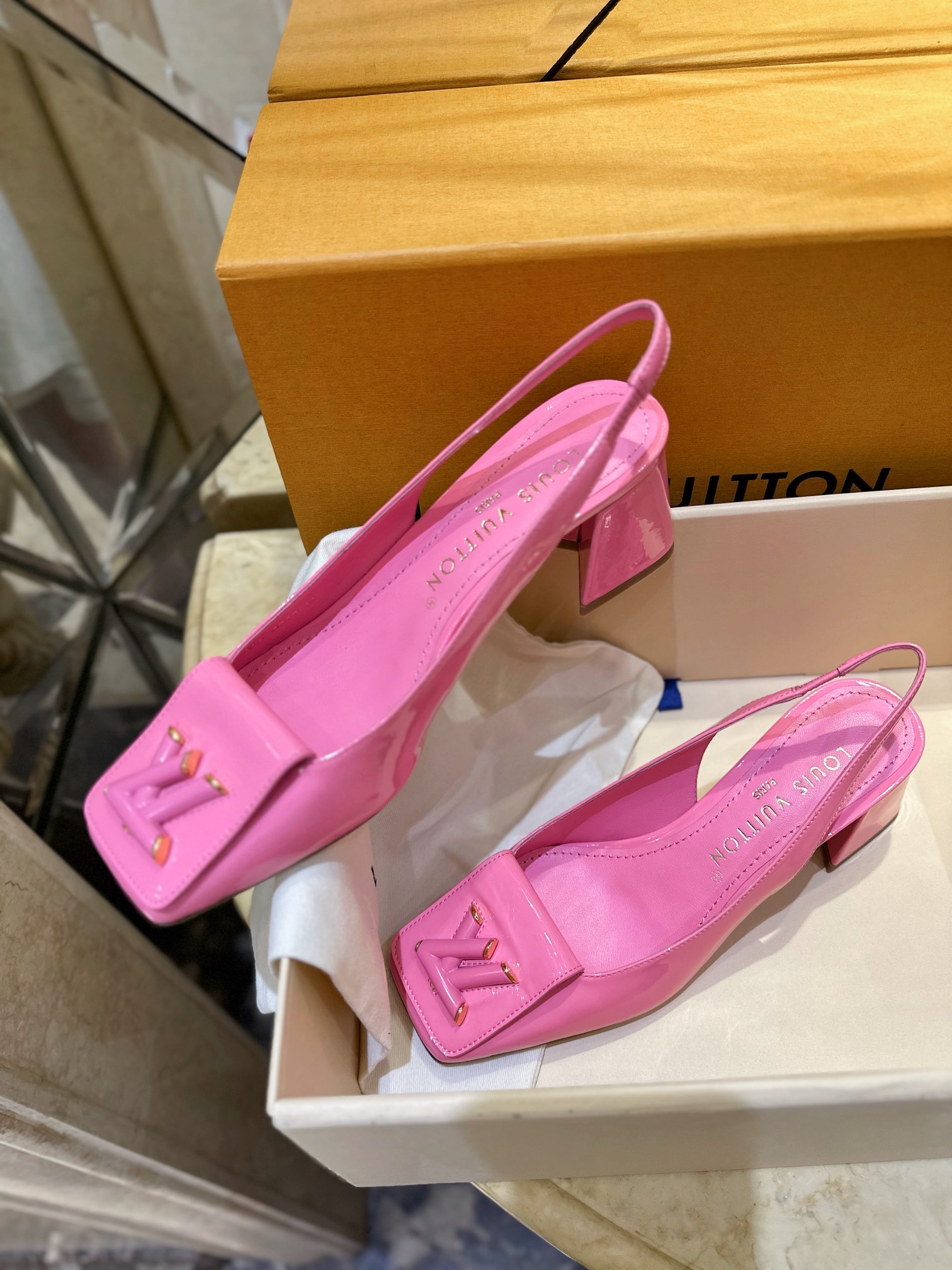 LV Square Toe Chunky Heel Loafer Sandals