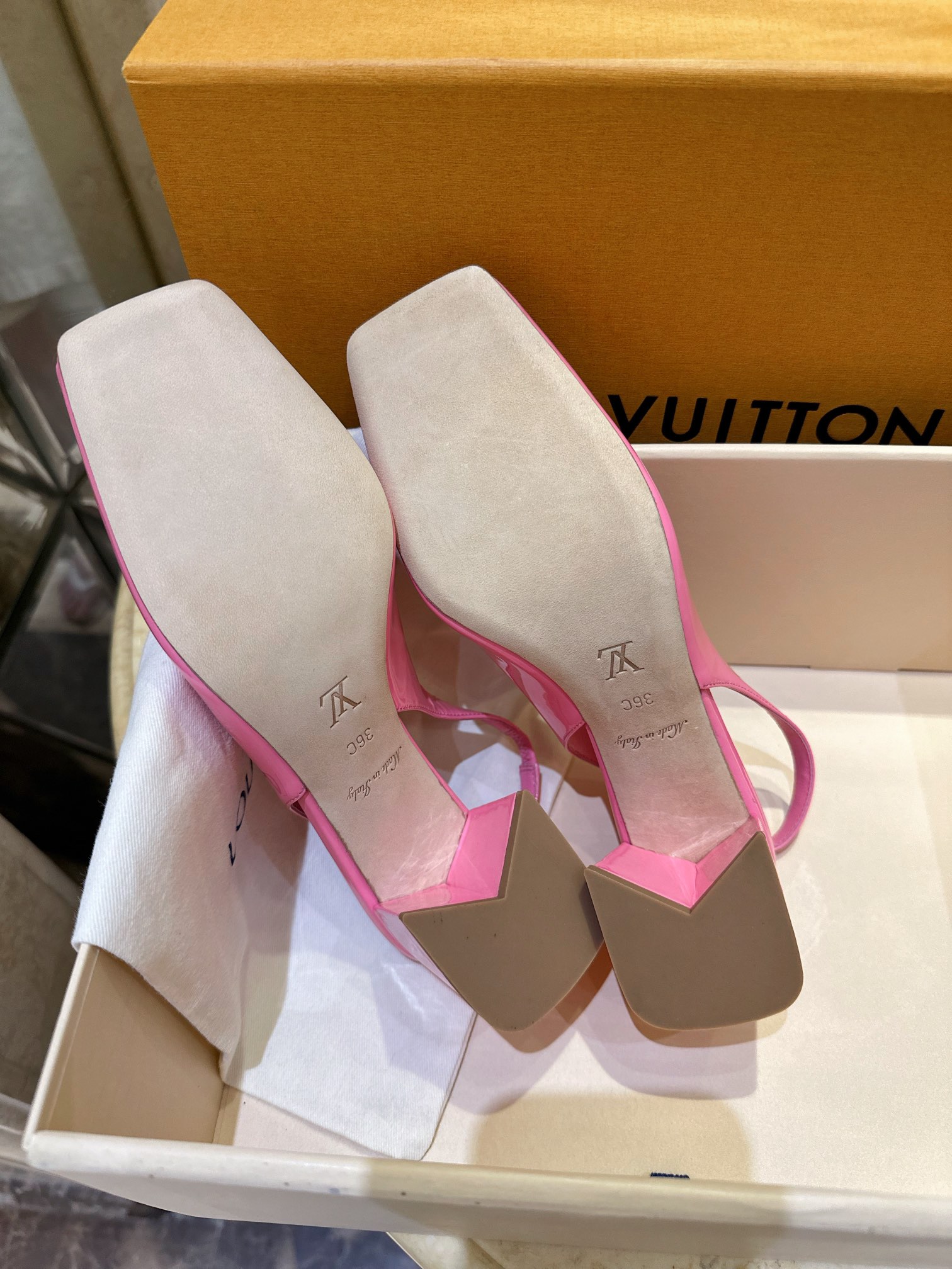 LV Square Toe Chunky Heel Loafer Sandals