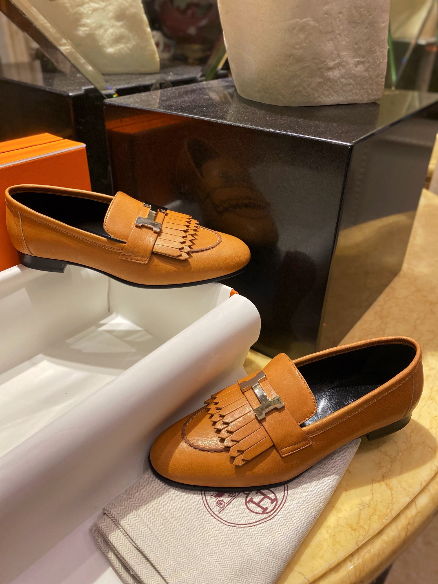 Hermes Gilded Beige Fringed Loafers