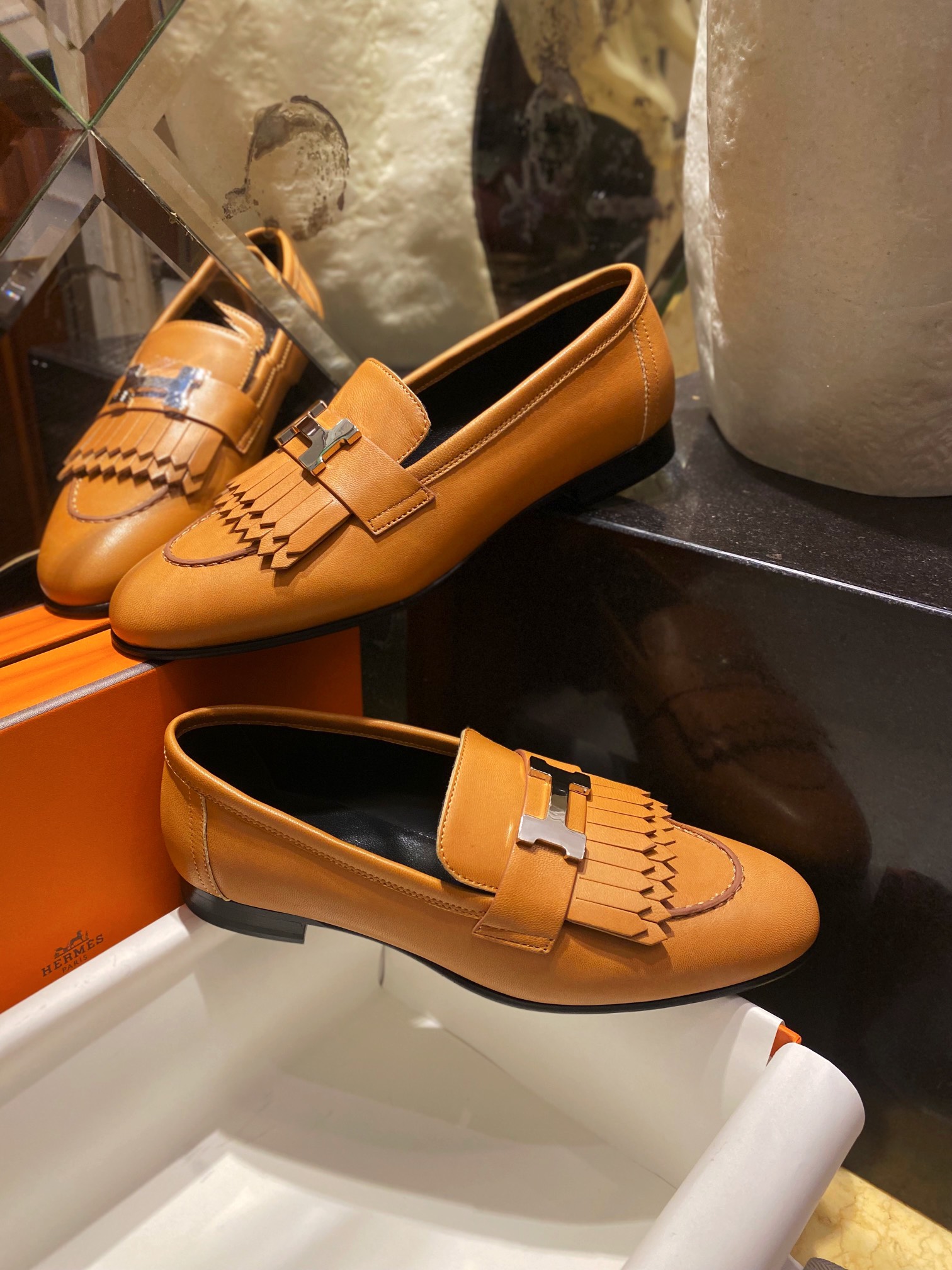 Hermes Gilded Beige Fringed Loafers