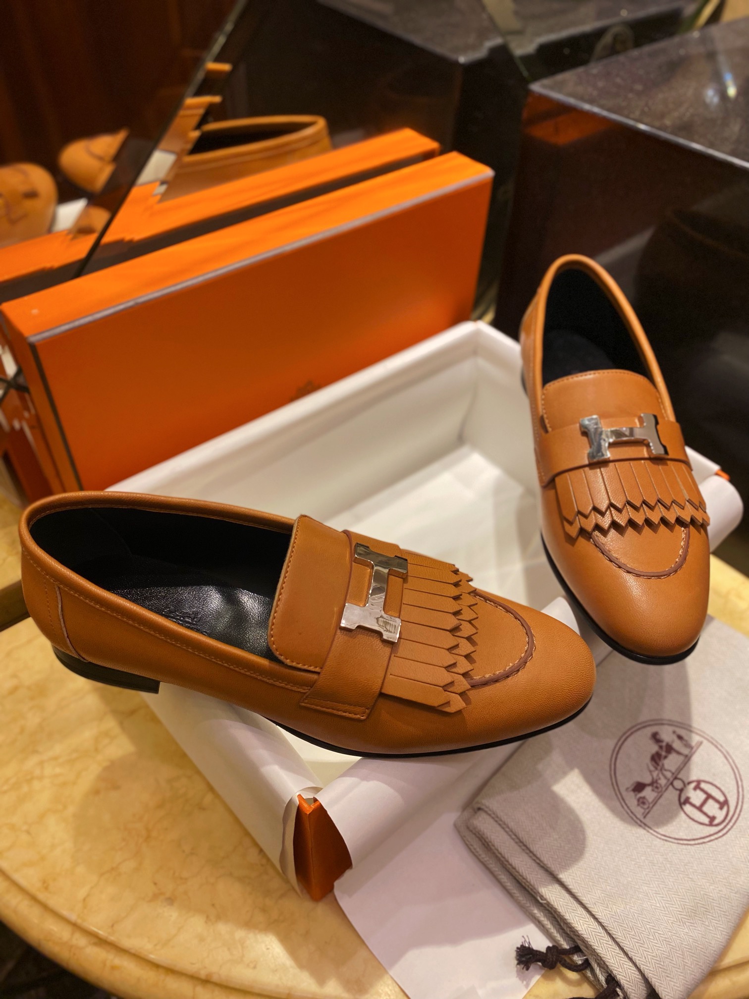 Hermes Gilded Beige Fringed Loafers