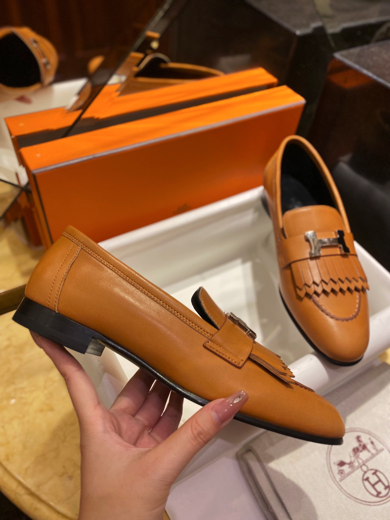 Hermes Gilded Beige Fringed Loafers