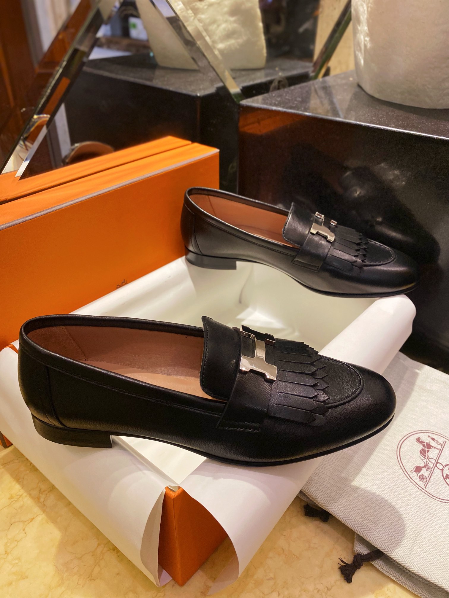 Hermes Black Fringed Loafers