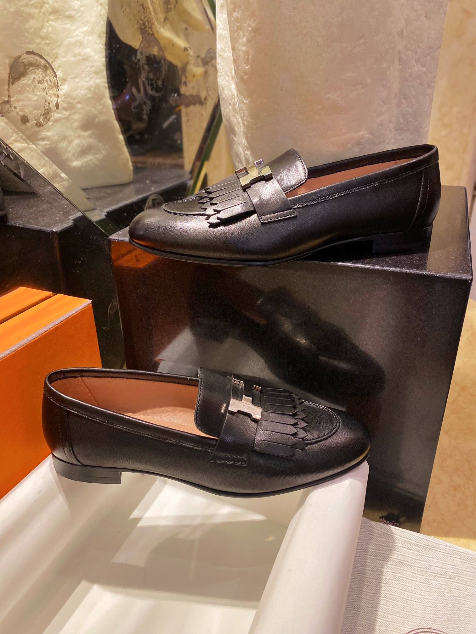 Hermes Black Fringed Loafers