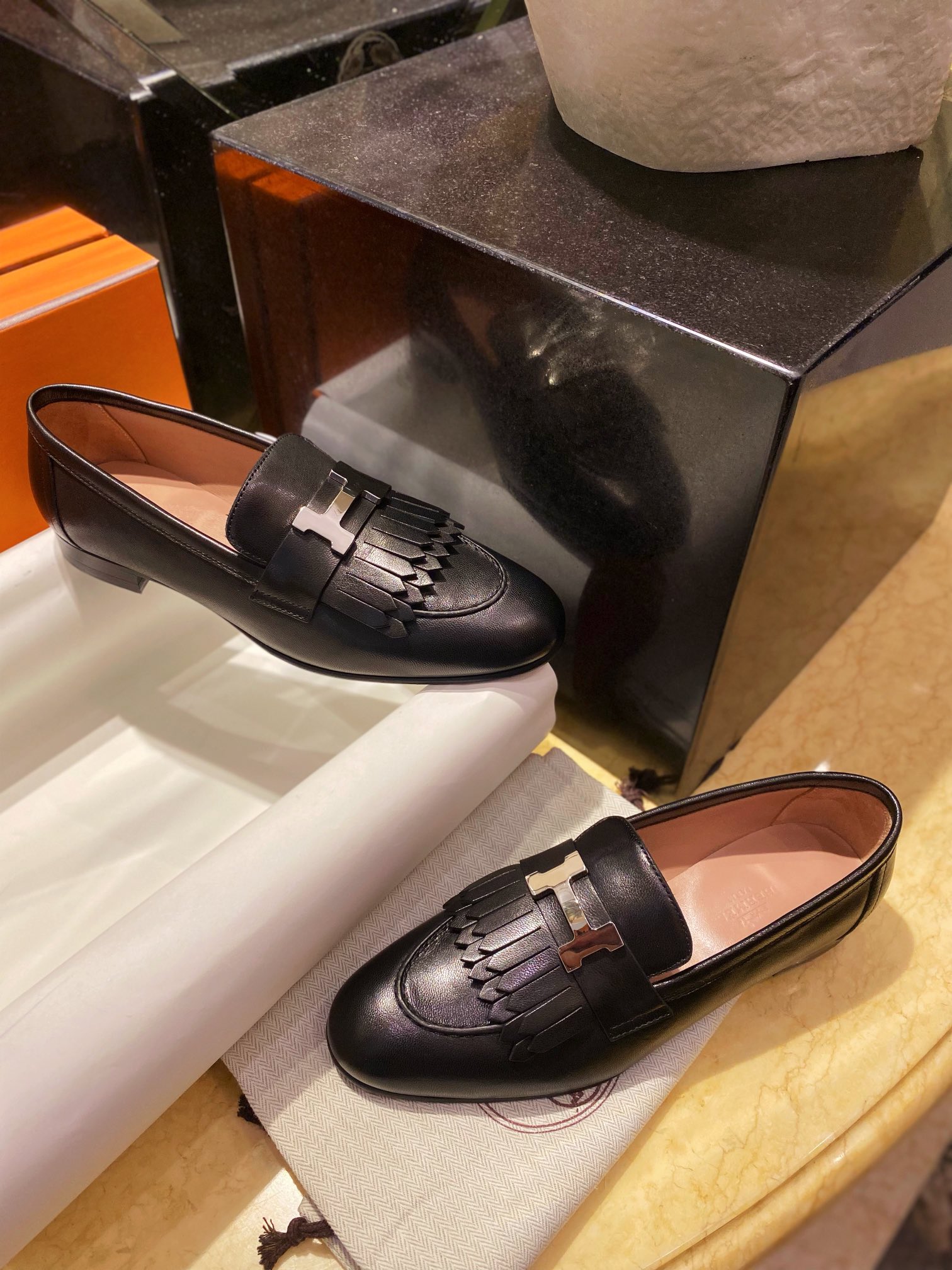 Hermes Black Fringed Loafers