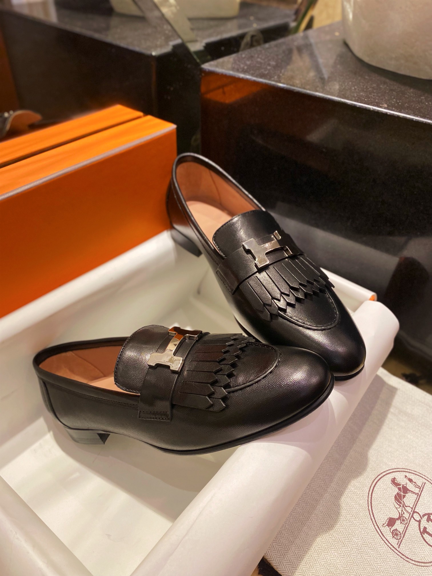 Hermes Black Fringed Loafers