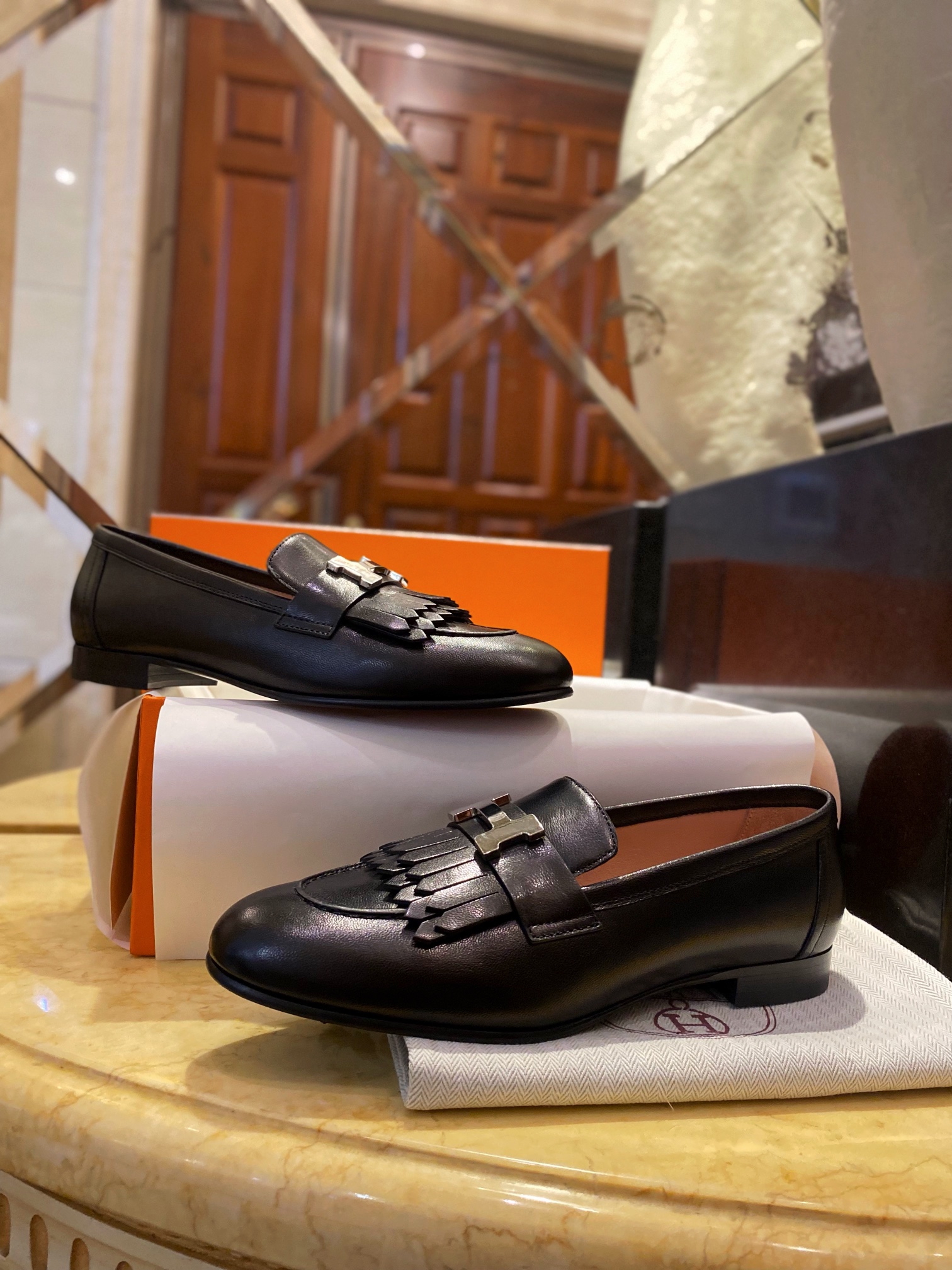 Hermes Black Fringed Loafers