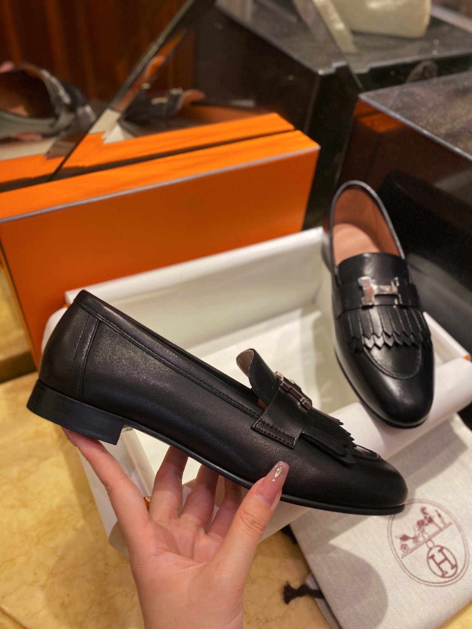 Hermes Black Fringed Loafers