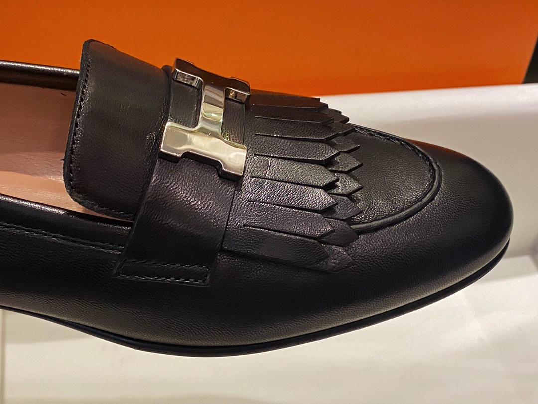 Hermes Black Fringed Loafers