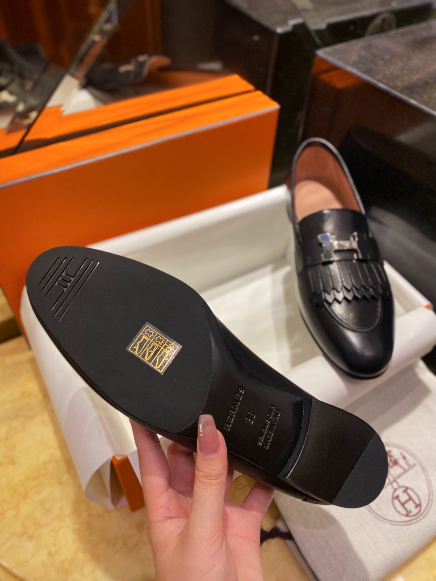 Hermes Black Fringed Loafers