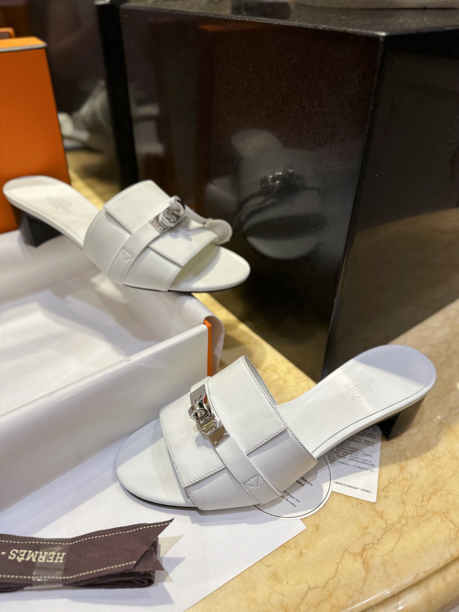 Hermes Kelly White High Heel Slides