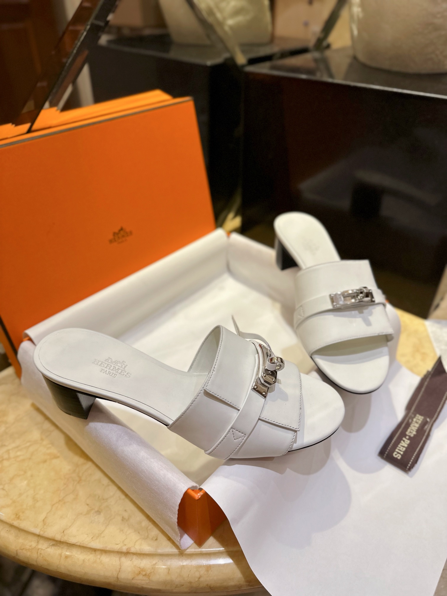 Hermes Kelly White High Heel Slides