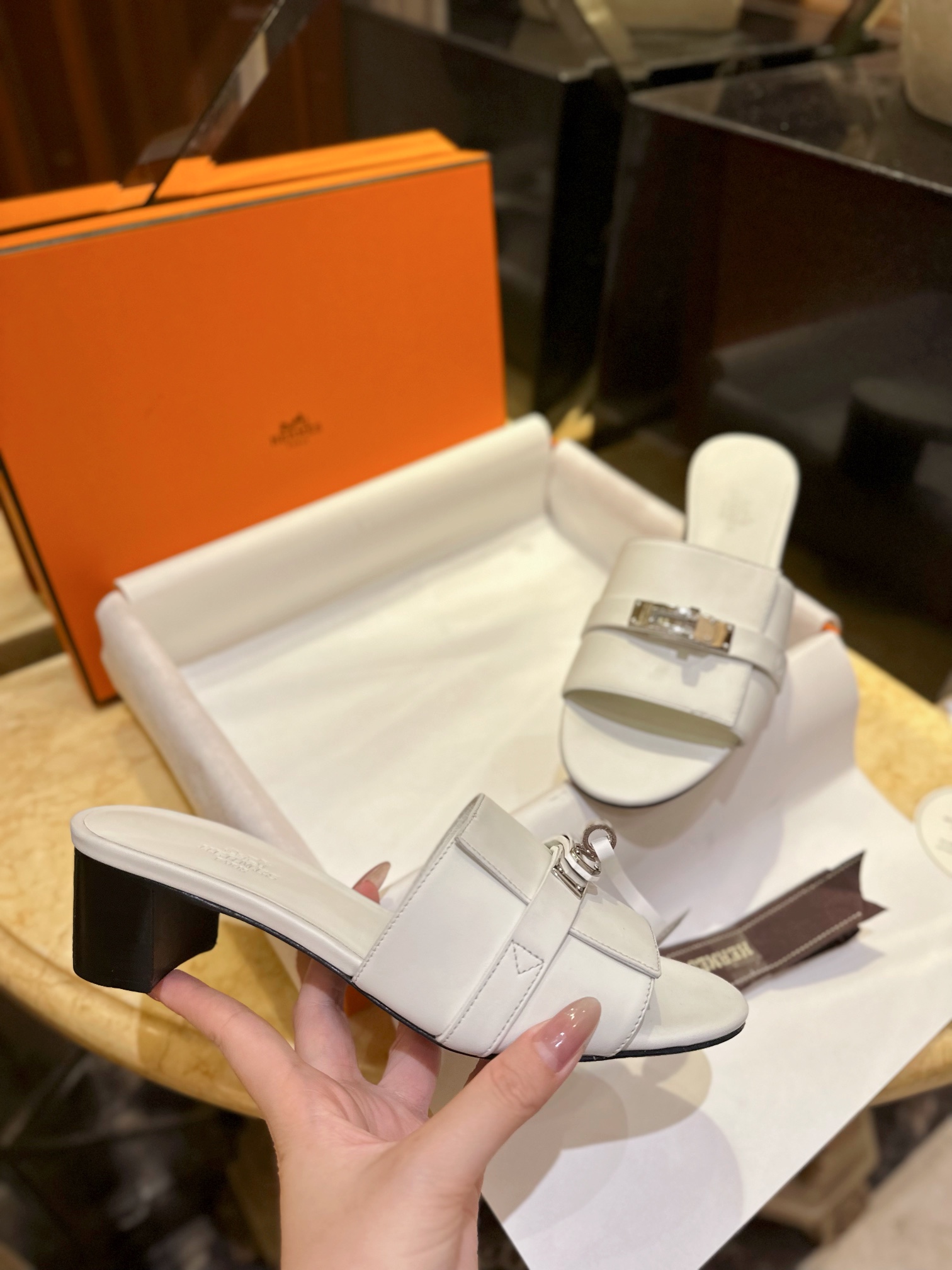 Hermes Kelly White High Heel Slides