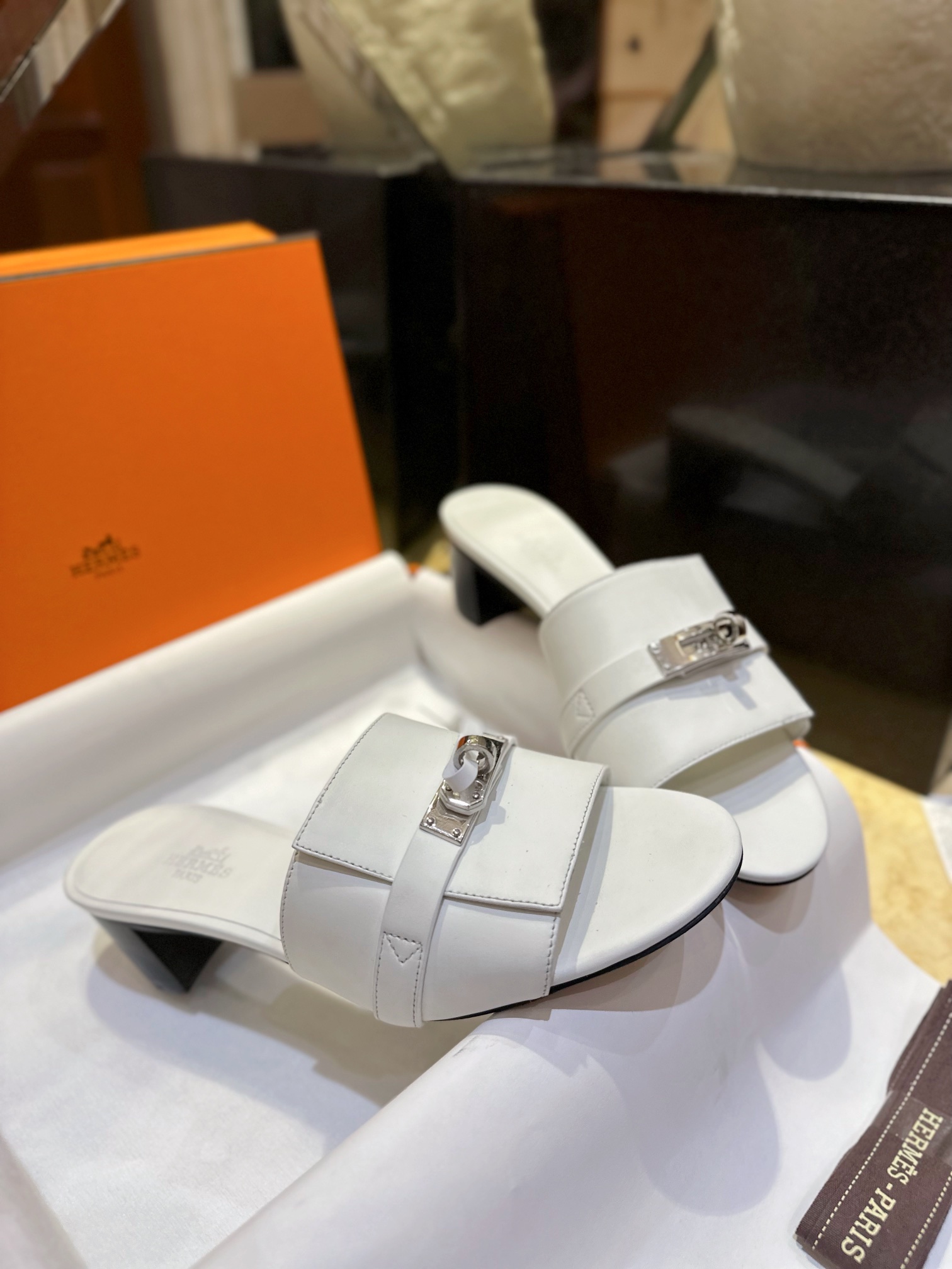 Hermes Kelly White High Heel Slides