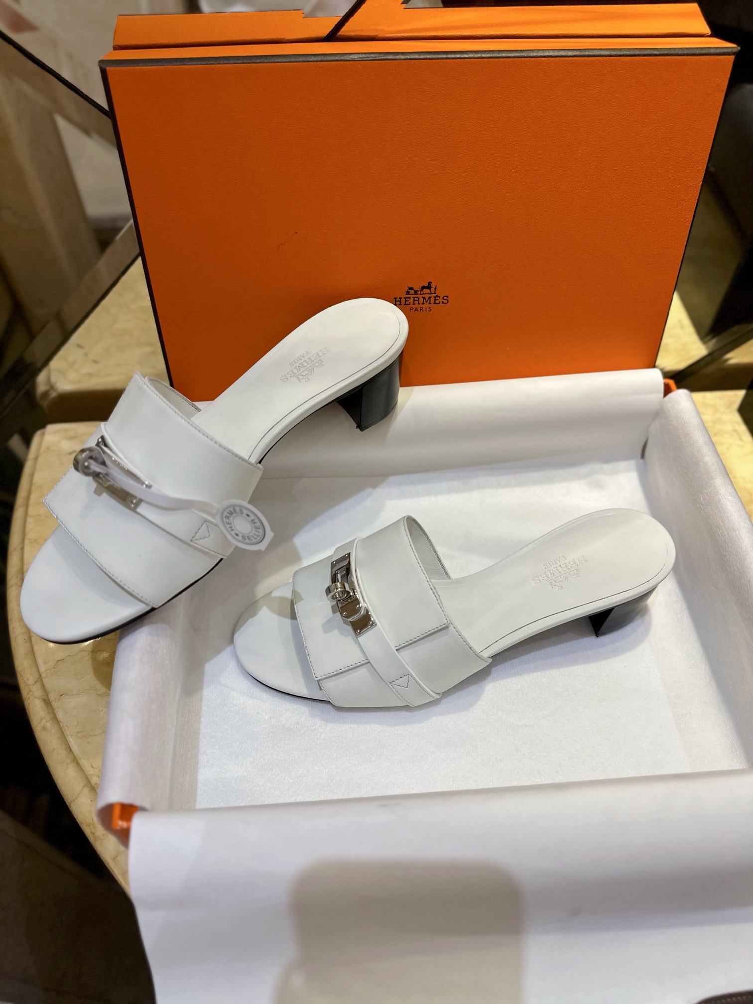 Hermes Kelly White High Heel Slides