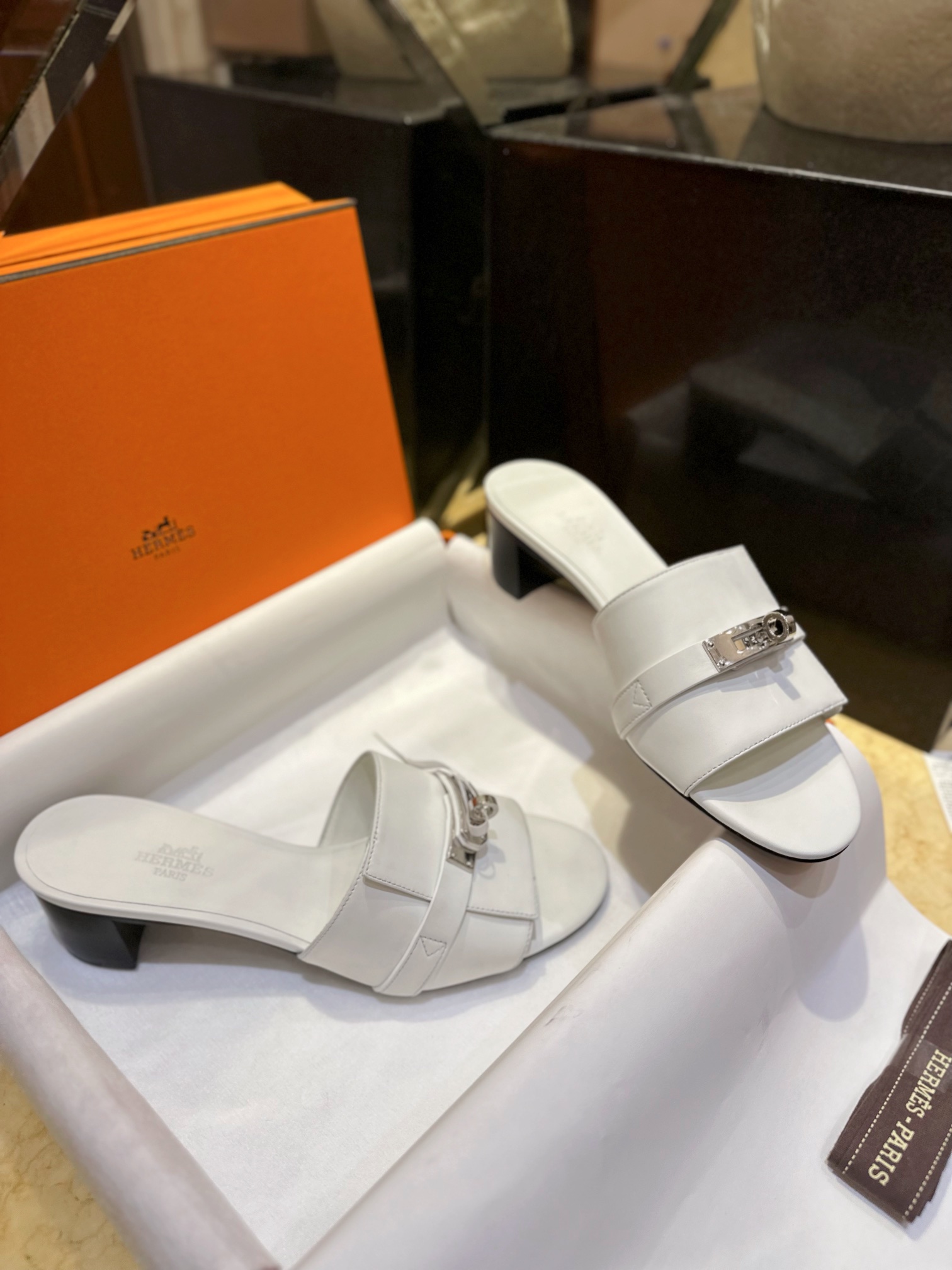 Hermes Kelly White High Heel Slides