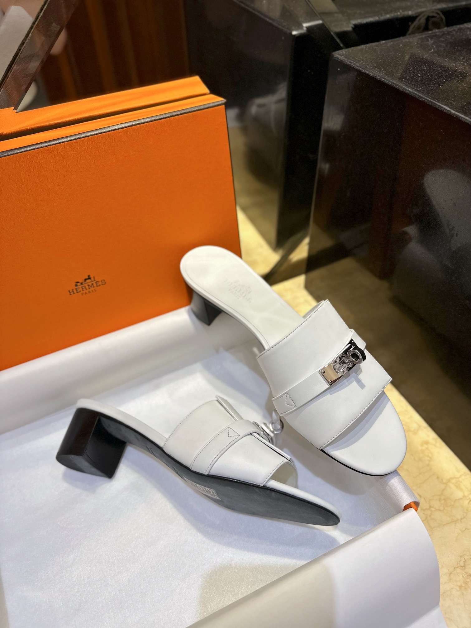 Hermes Kelly White High Heel Slides