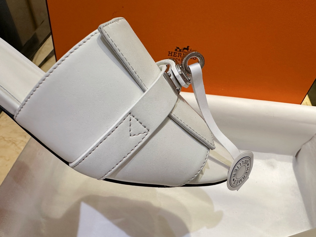 Hermes Kelly White High Heel Slides