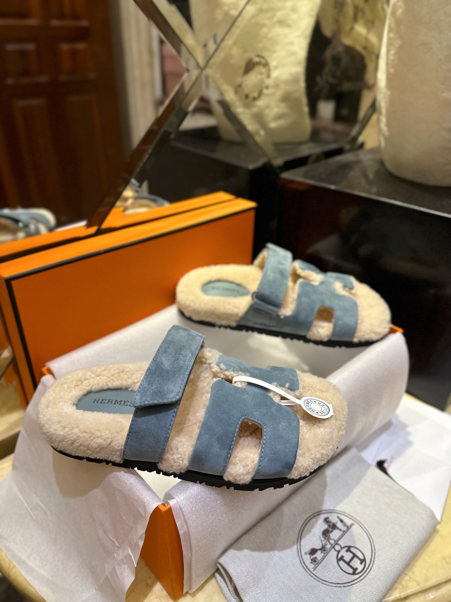 Hermes chypre Wool Slides with Lamb Wool Lining