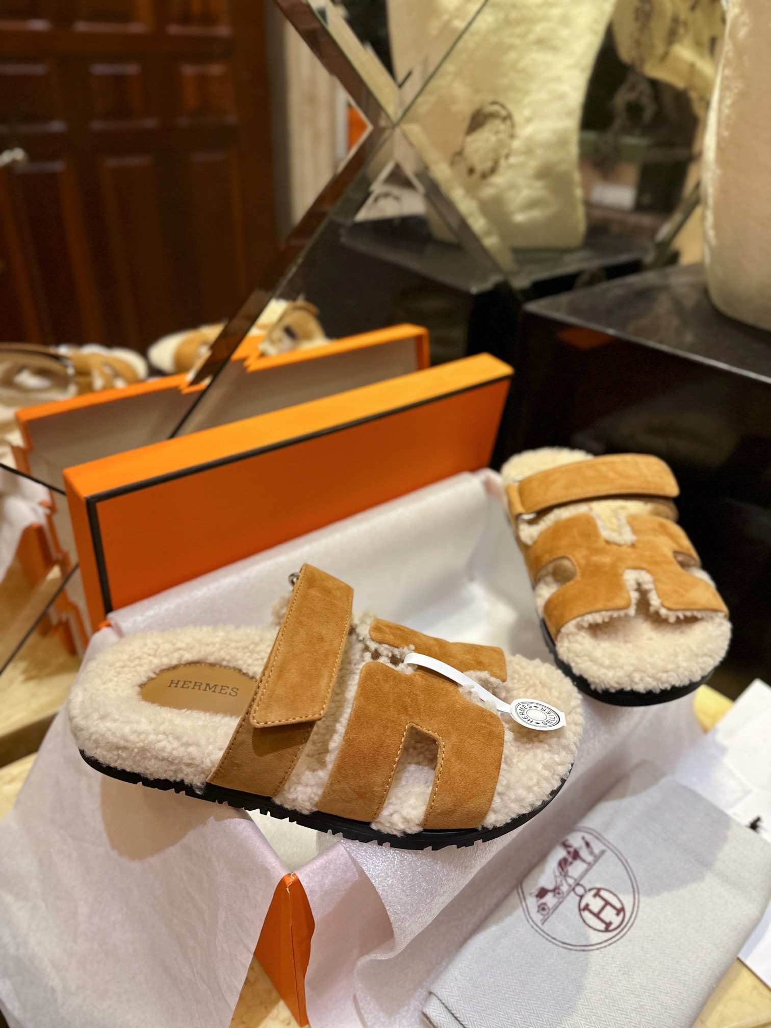 Hermes chypre Wool Slides with Lamb Wool Lining