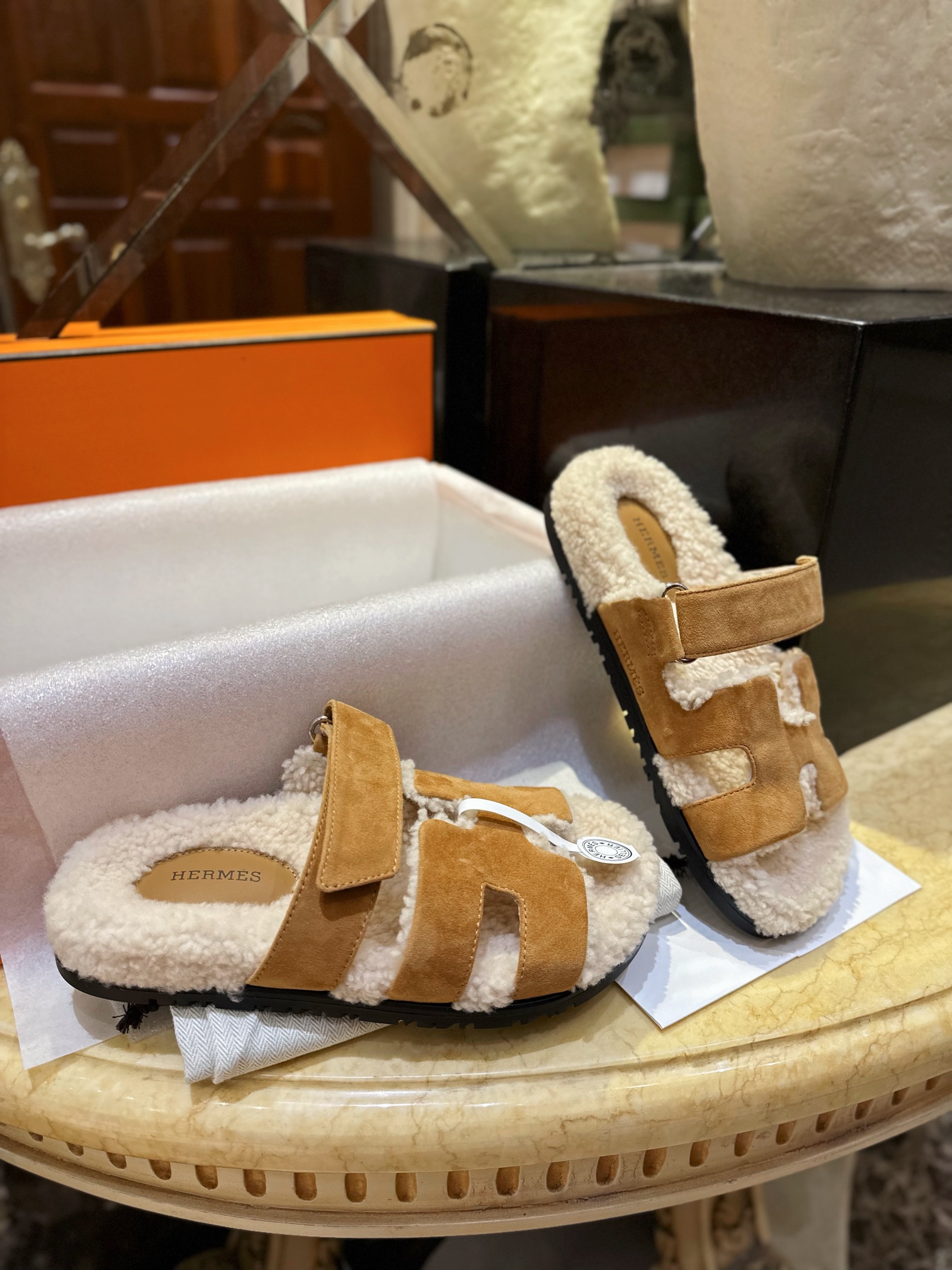 Hermes chypre Wool Slides with Lamb Wool Lining