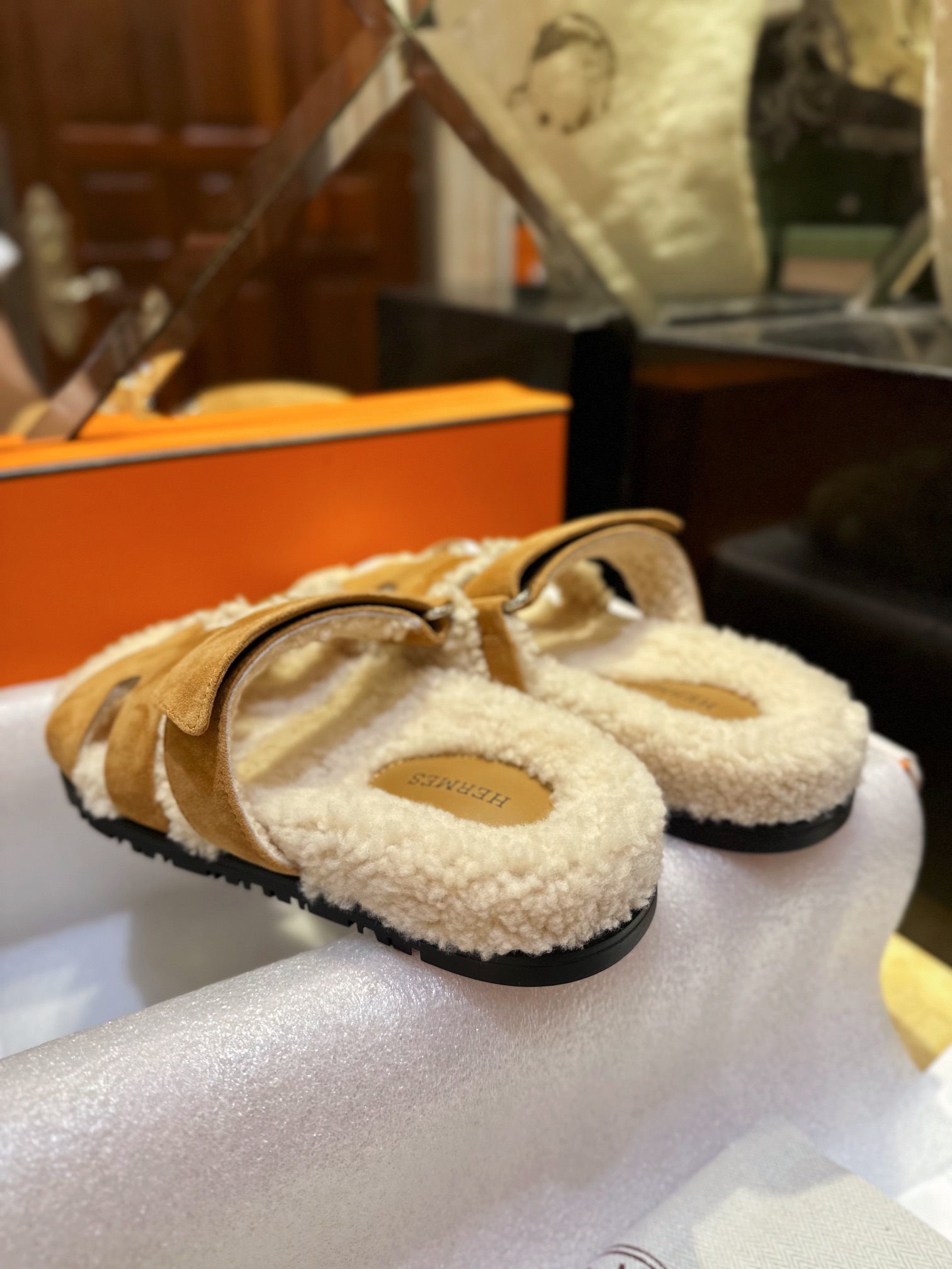 Hermes chypre Wool Slides with Lamb Wool Lining