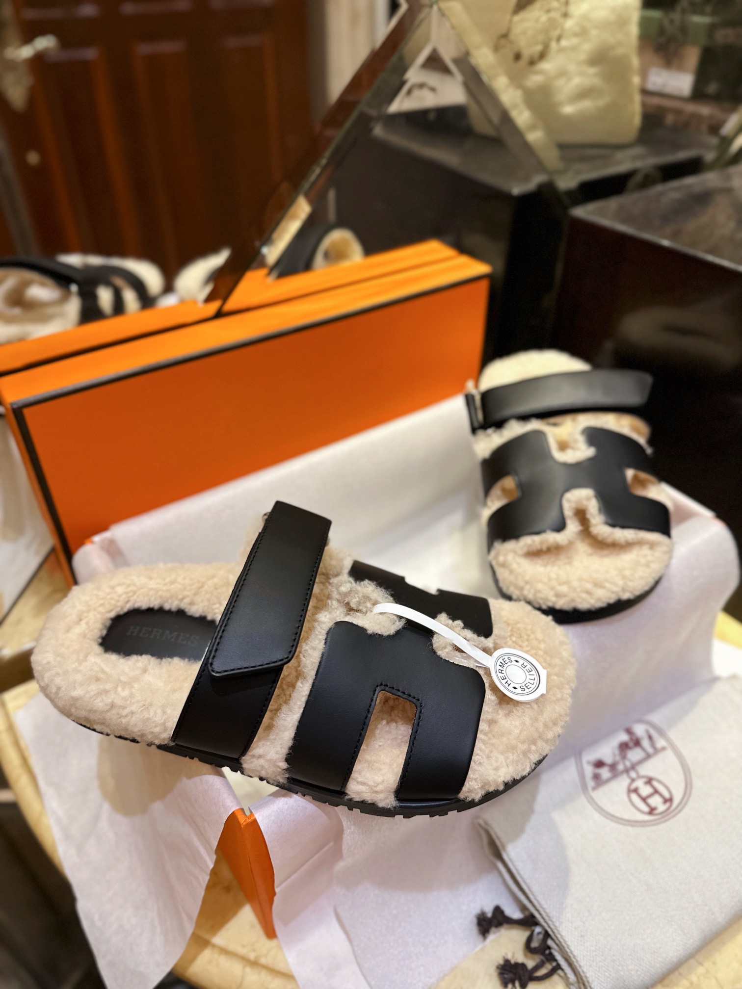 Hermes chypre Wool Slides with Lamb Wool Lining