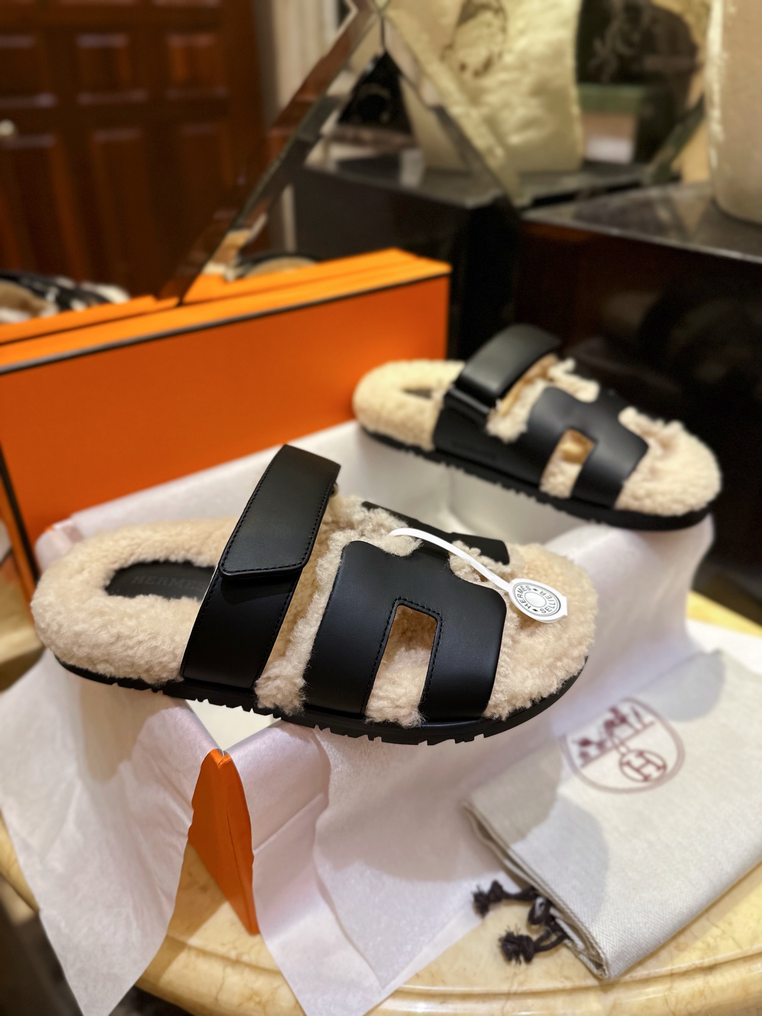 Hermes chypre Wool Slides with Lamb Wool Lining