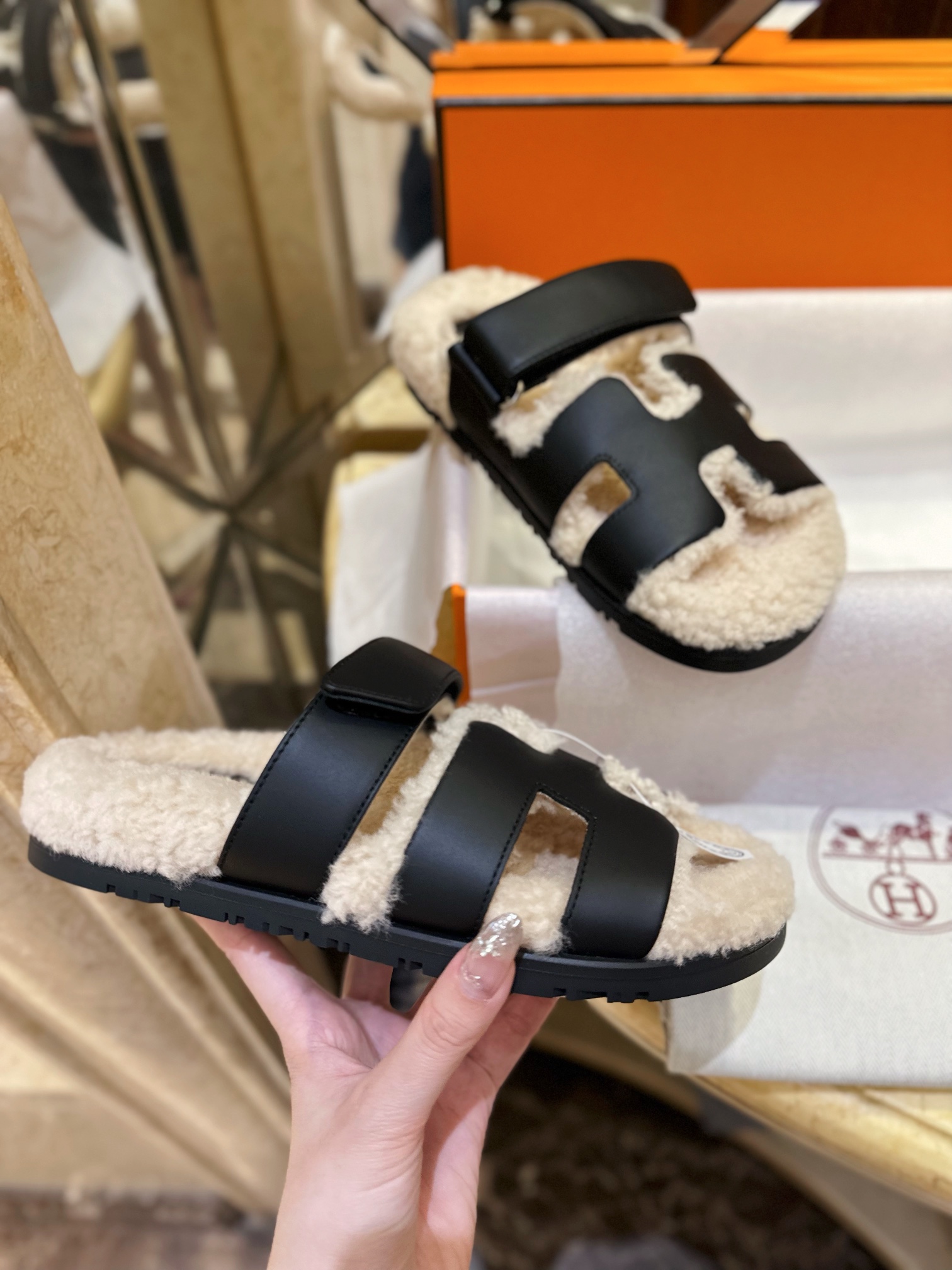 Hermes chypre Wool Slides with Lamb Wool Lining