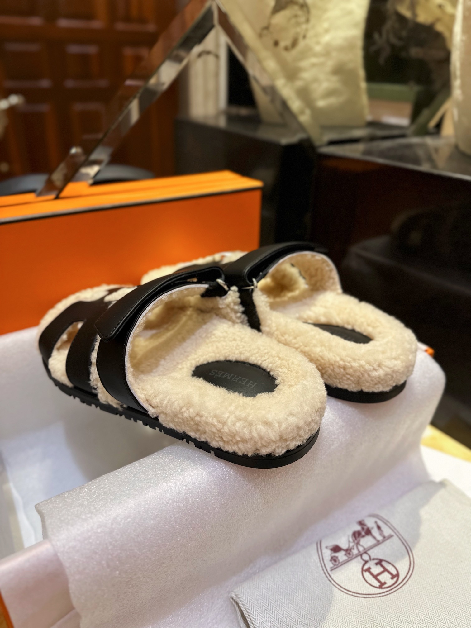 Hermes chypre Wool Slides with Lamb Wool Lining