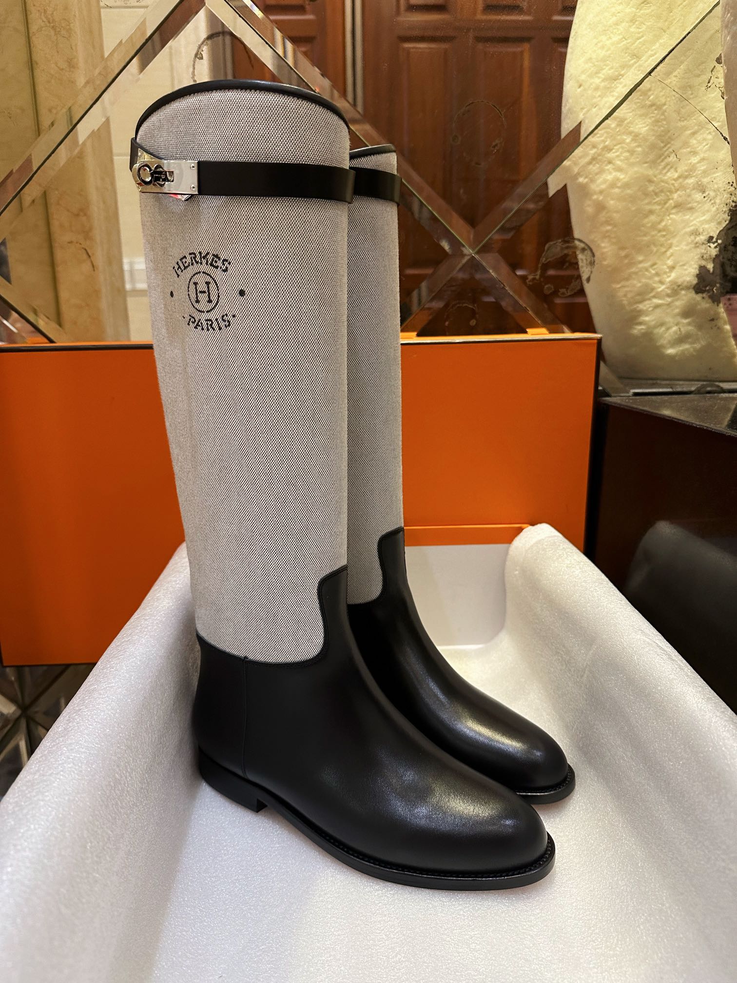 Hermes Kelly Button Canvas Patchwork Knee-High Boots