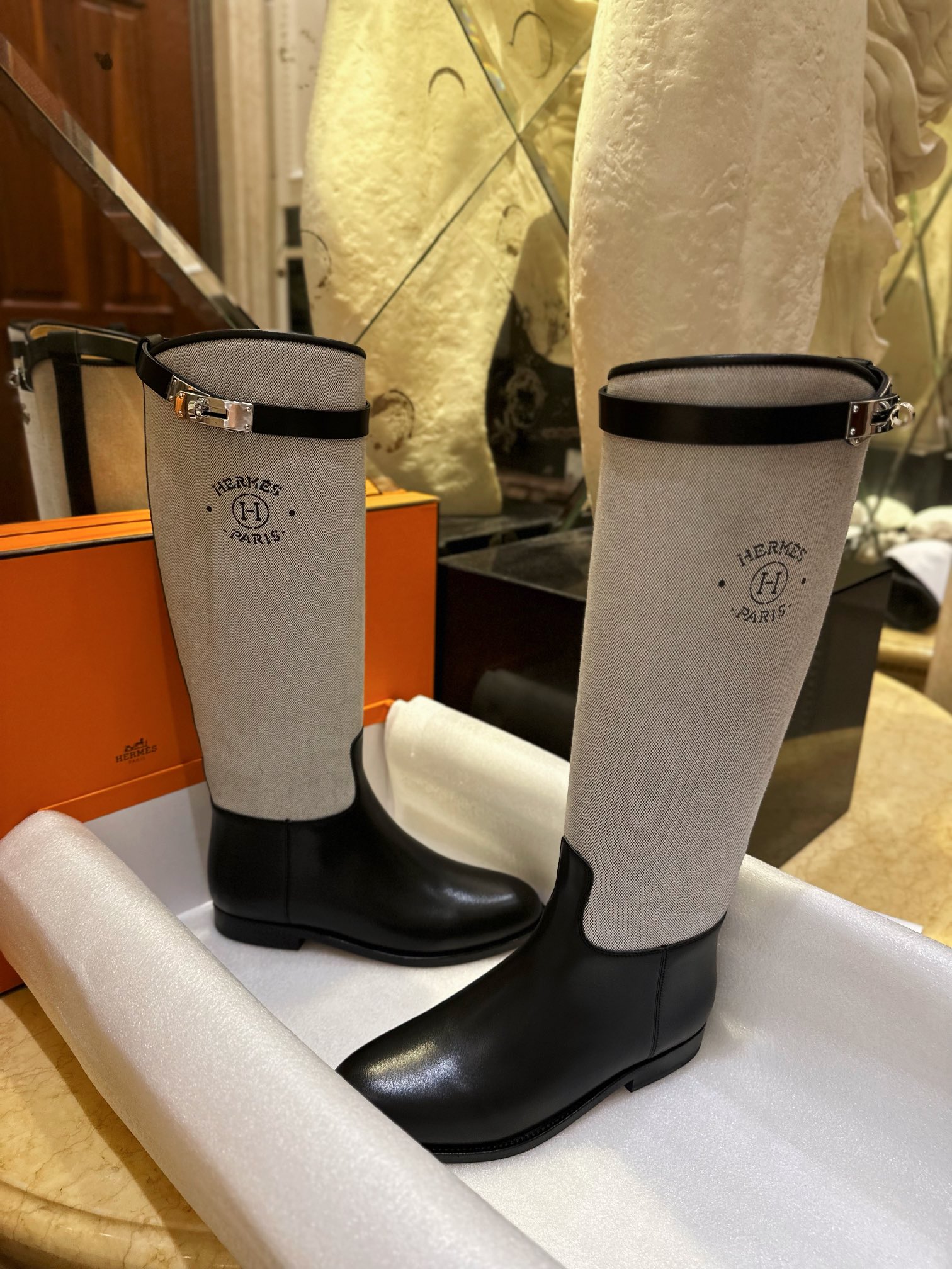 Hermes Kelly Button Canvas Patchwork Knee-High Boots