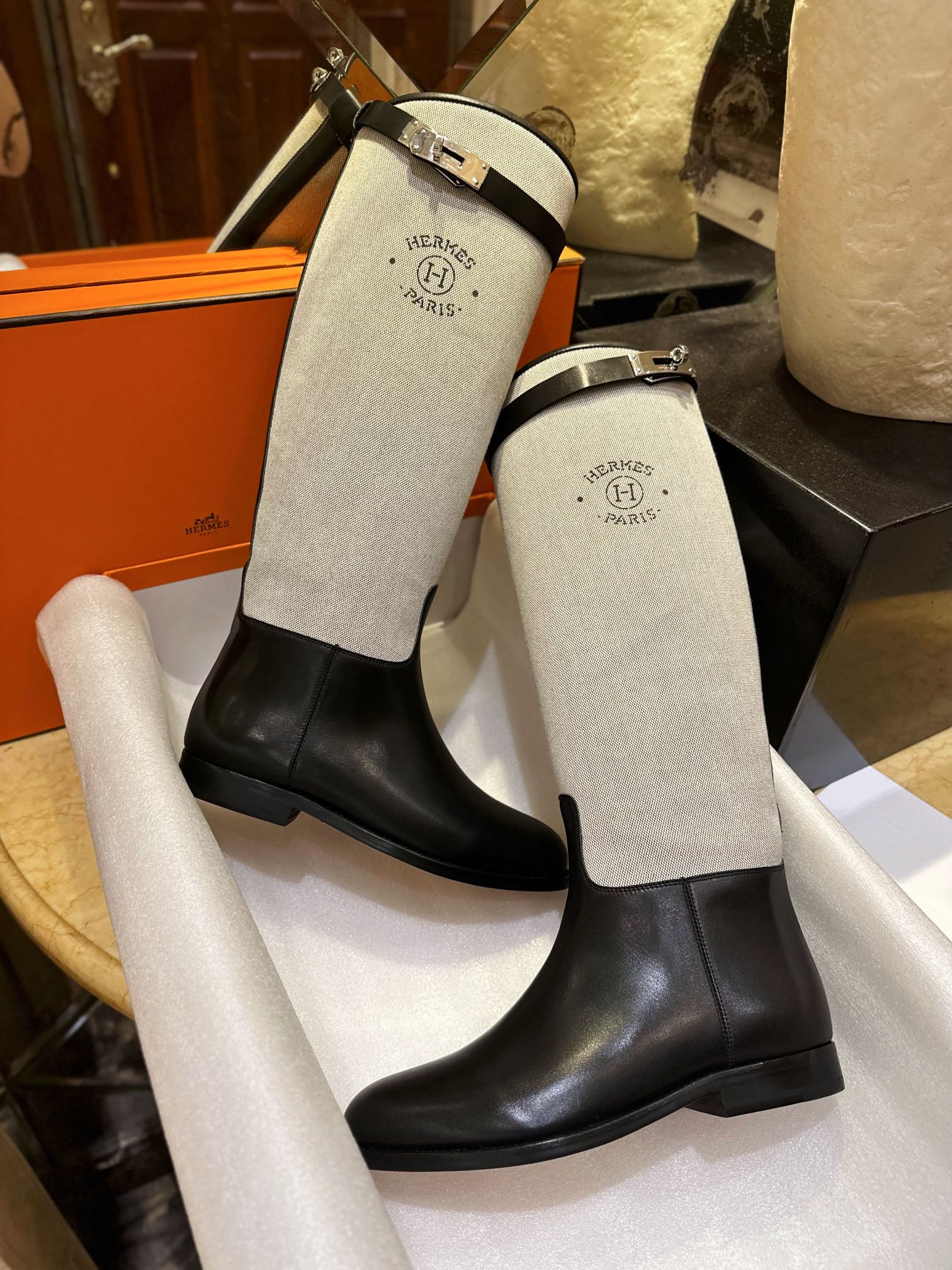 Hermes Kelly Button Canvas Patchwork Knee-High Boots